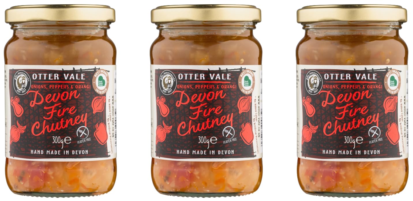 Otter Vale - Devon Fire Chutney, Scotch Bonnet chilli heat with a hint of tangy fruit, hand-made in Devon, gluten-free, 300g glass jar x 3