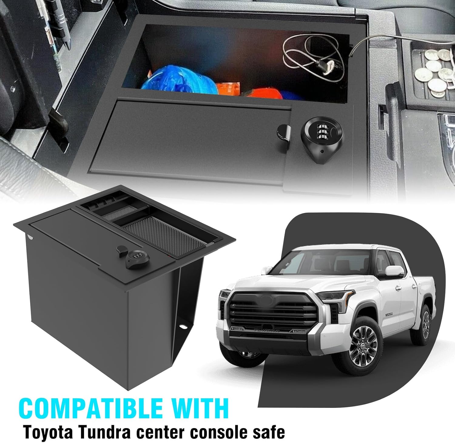 3mirrors Center Console Safe Gun Safe Box with LED Light and Coin Tray Mat Compatible with Toyota Tundra 2014-2021