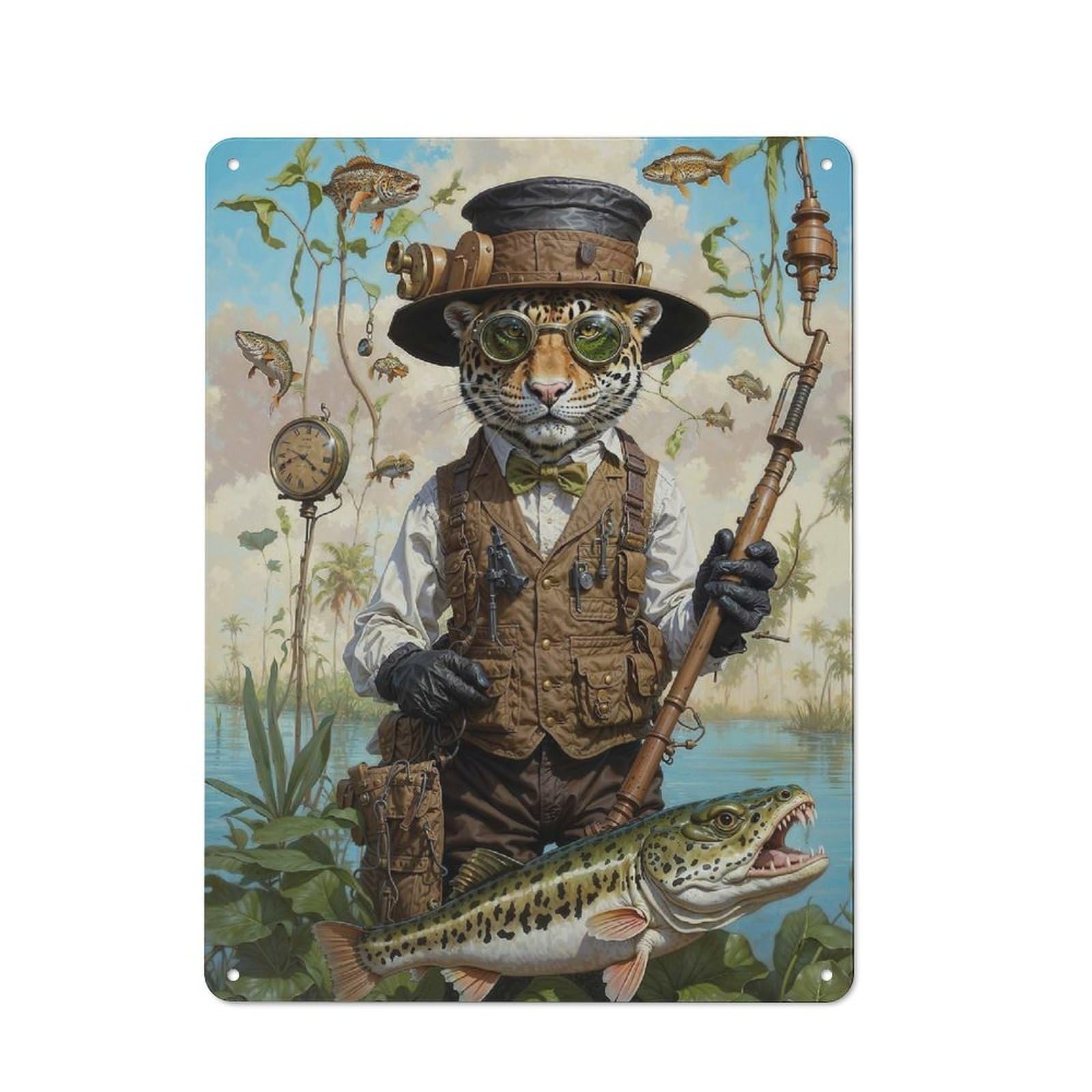 Junmoney Chill Jaguar Gone Fishing Rustic Metal Wall Decor 40X30cm, Country Metal Sign For Kitchen, Cottage, Porch Or Garden Room