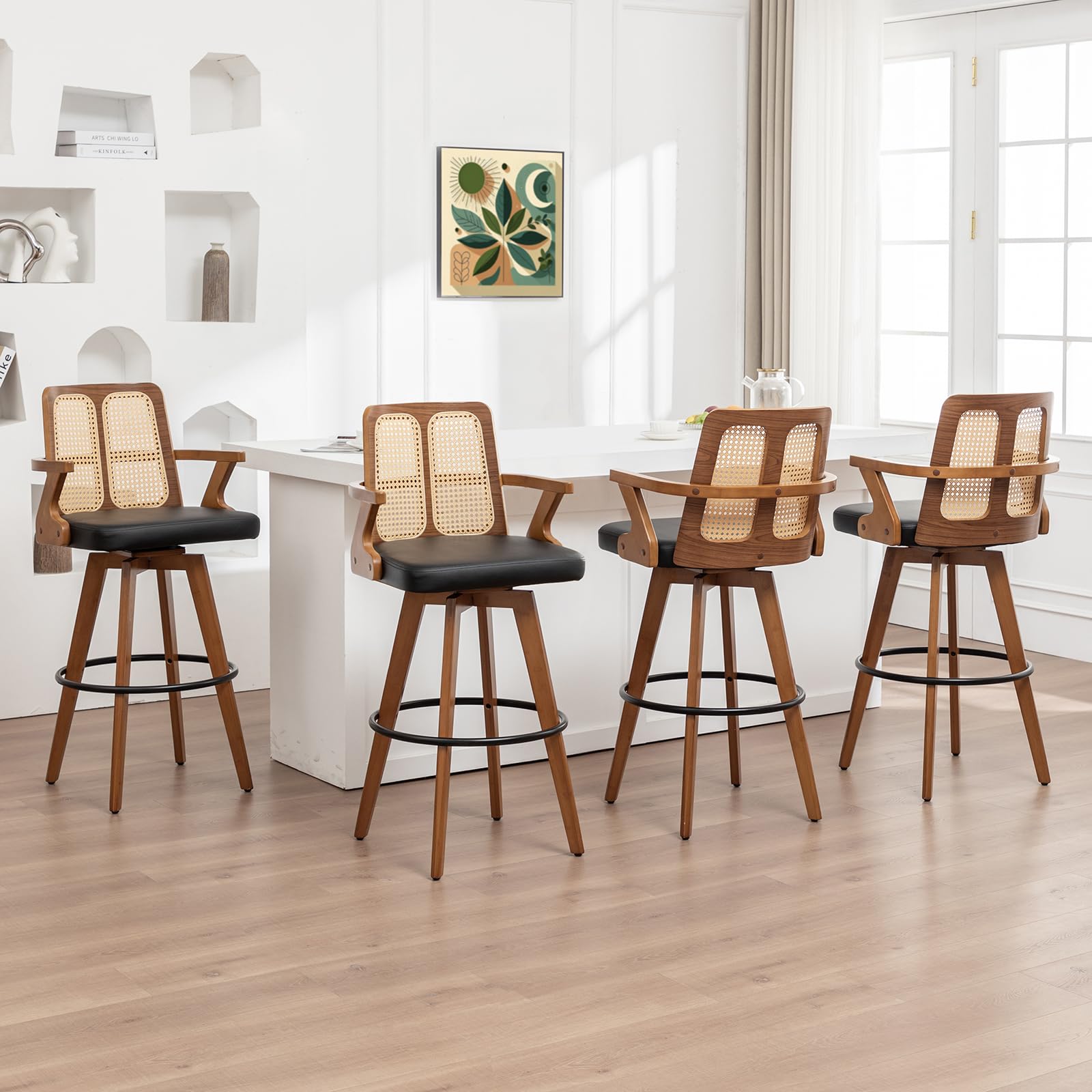 Counter Height Bar Stools Set of 4 - 26 inch Kitchen Island Stools with Rattan Back, Curved Arms, Walnut Craftsmanship,Faux Leather, Swivel CounterStools for Kitchen/Island (27" Seat Height, Black)