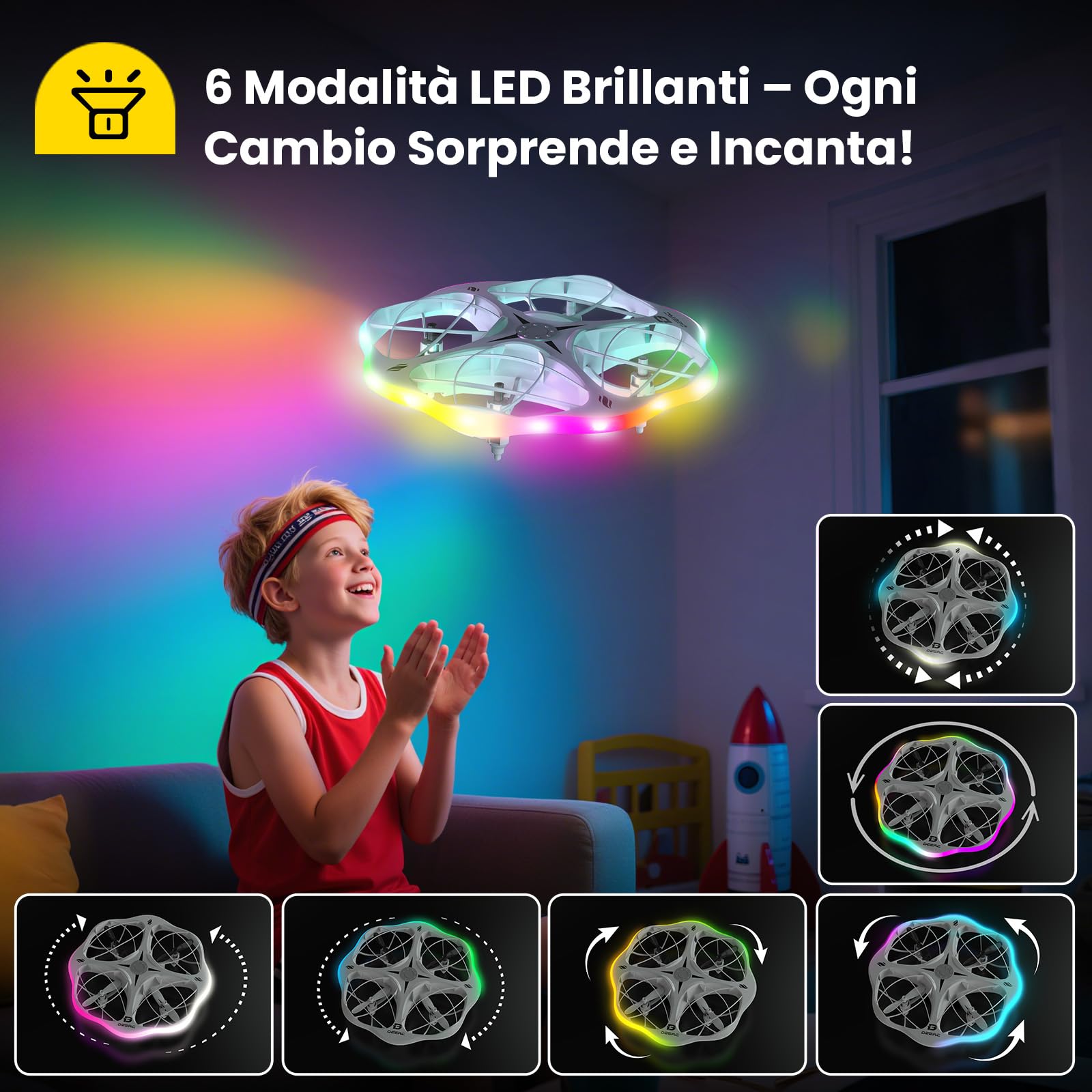 DEERC D13 Mini Drone per Bambini con 3 Batterie, Evitamento Ostacoli e LED | Mini UFO Facile da Usare con 6 Modalità LED, Lancio a Mano, Flip 3D, Regalo per Bambini 6-12 Anni