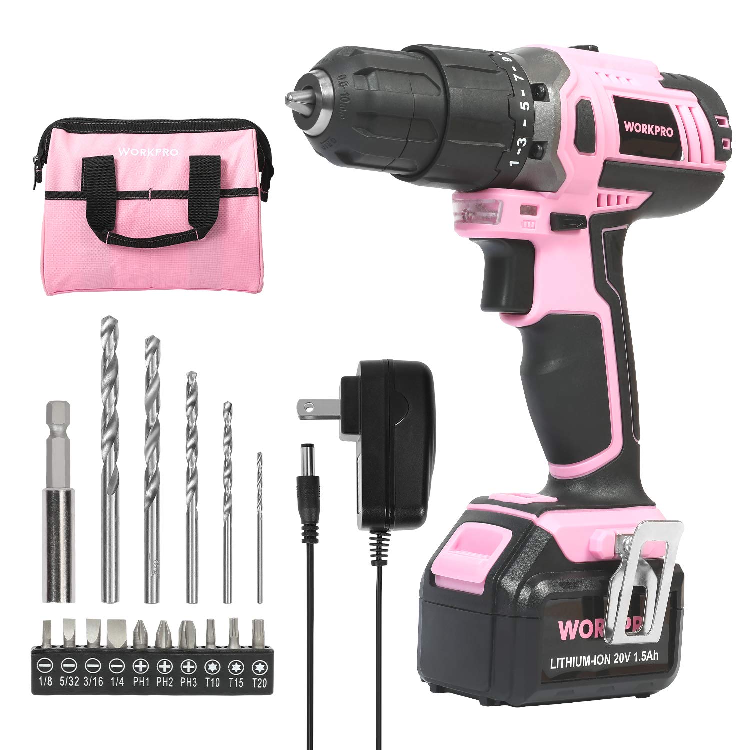 WORKPRO Pink Cordless 20V Lithium ion Drill Driver Set 1 Battery Cha | amzdealz