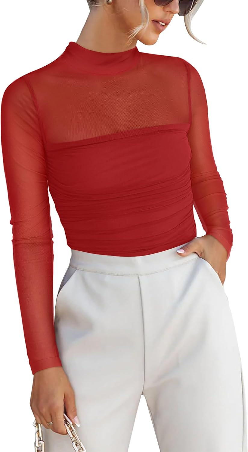 ANRABESS Womens Sexy Mesh Long Sleeve Shirts Trendy Mock Neck Sheer Ruched Going Out Tops Fall Slim Fit Blouses 2025