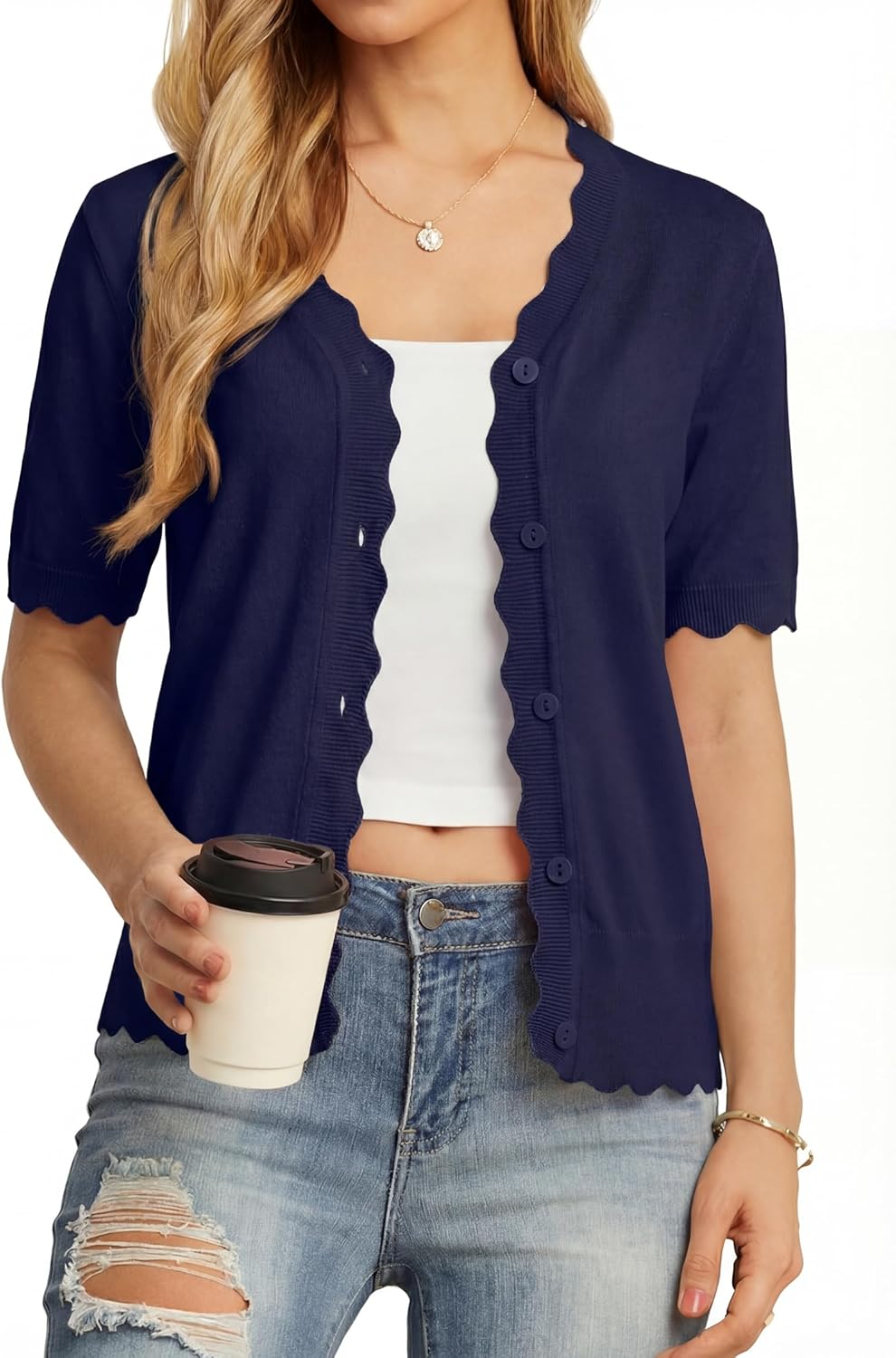 GRECERELLE Womens Summer Lightweight Short Sleeve Cropped Cardigan V-Neck Knit Sweater Shrug for Dressy