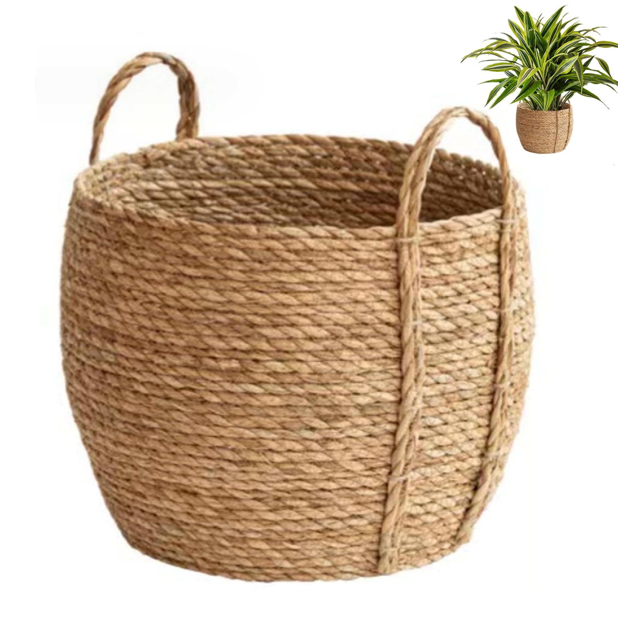 Obelunrp Woven Planter Basket, 10.2x11.8 inch Seagrass Planter Basket Round Rattan with Handle Wicker Plant for Storage Plant Laundry, Rattan