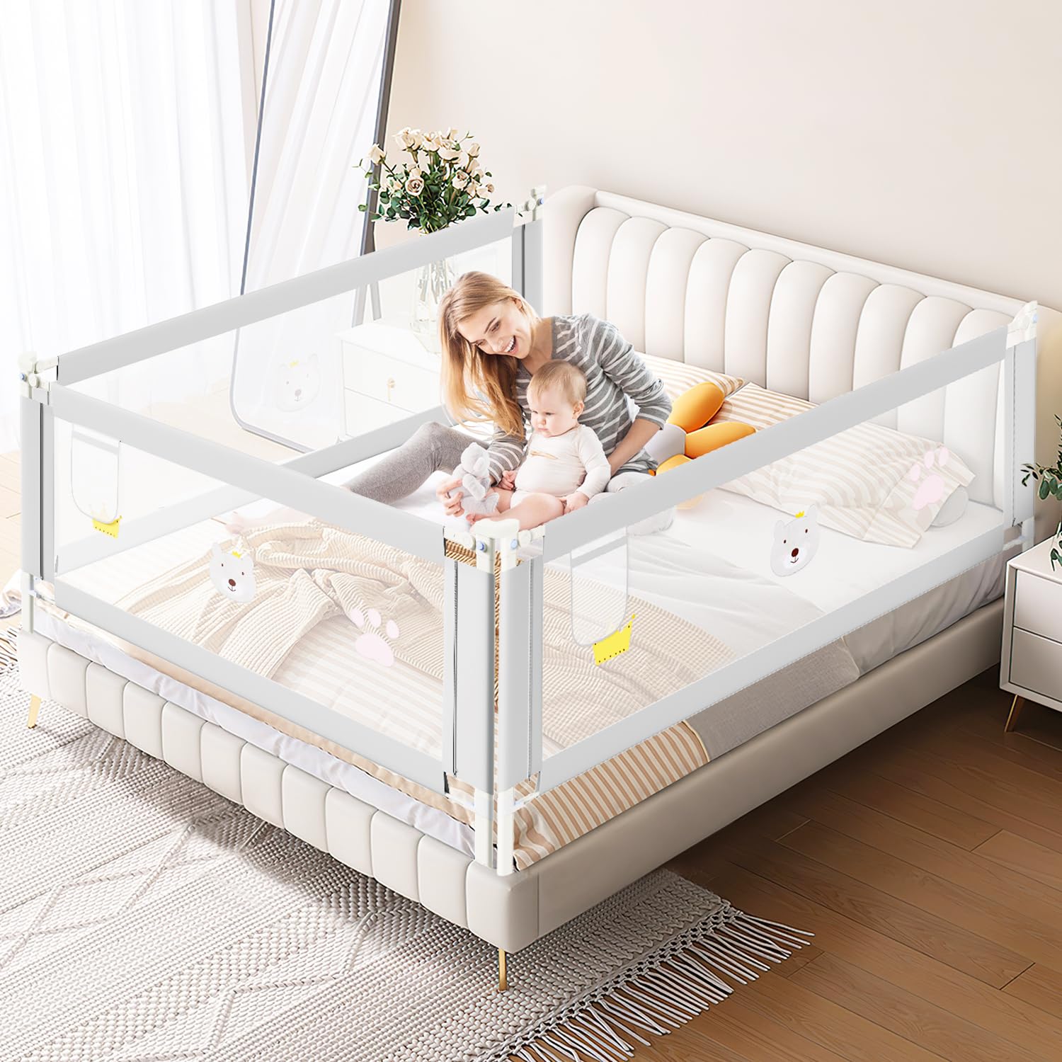 Ikodm Bettgitter 200CMx1+150CMx1 Bettschutzgitter Kinderbettgitter, Rausfallschutz, Kinderbettschutzgitter für Kinder & Elternbetten, Höhenverstellbar 70-98cm, Grau