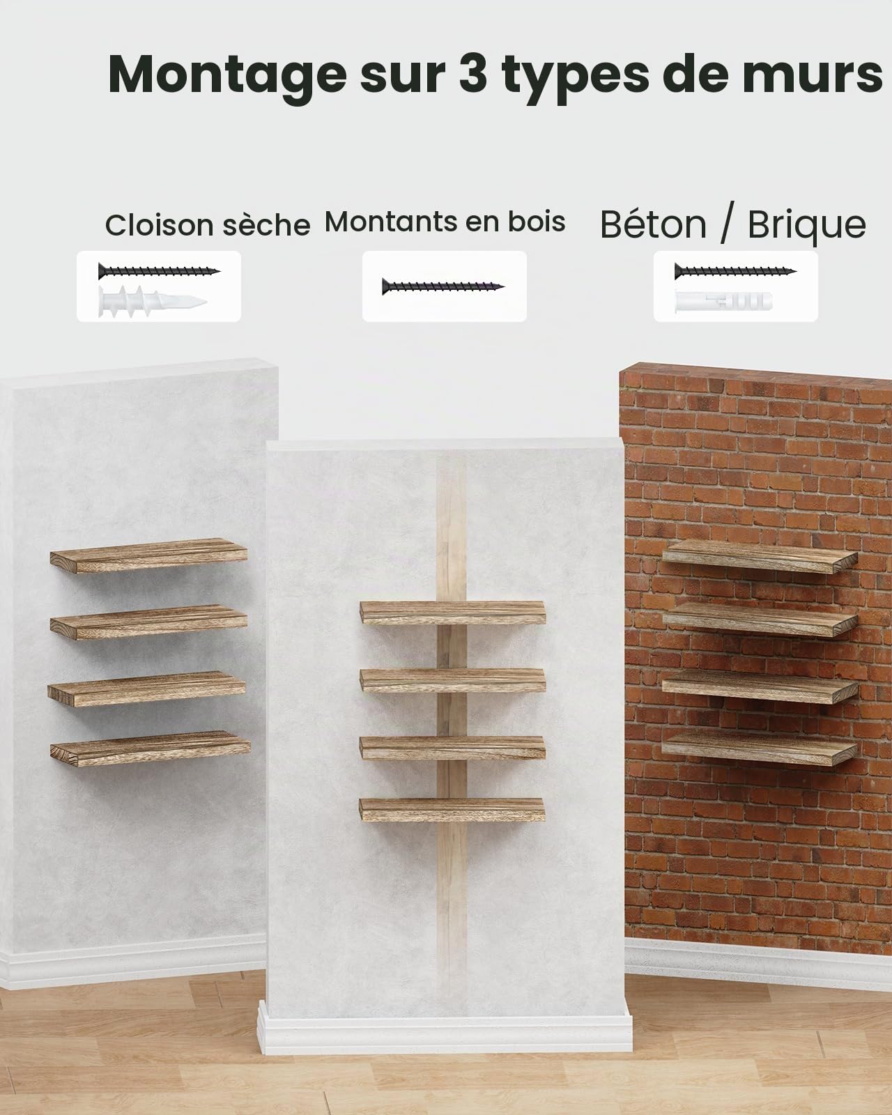 Pipishell Étagères Murales, Etagere Murale de 40 cm, étagères murales en Bois de Paulownia, Ensemble de 4 étagères en Bois pour Salle de Bain, Chambre, Bureau, Salon, Cuisine, etc. (Brun Clair)