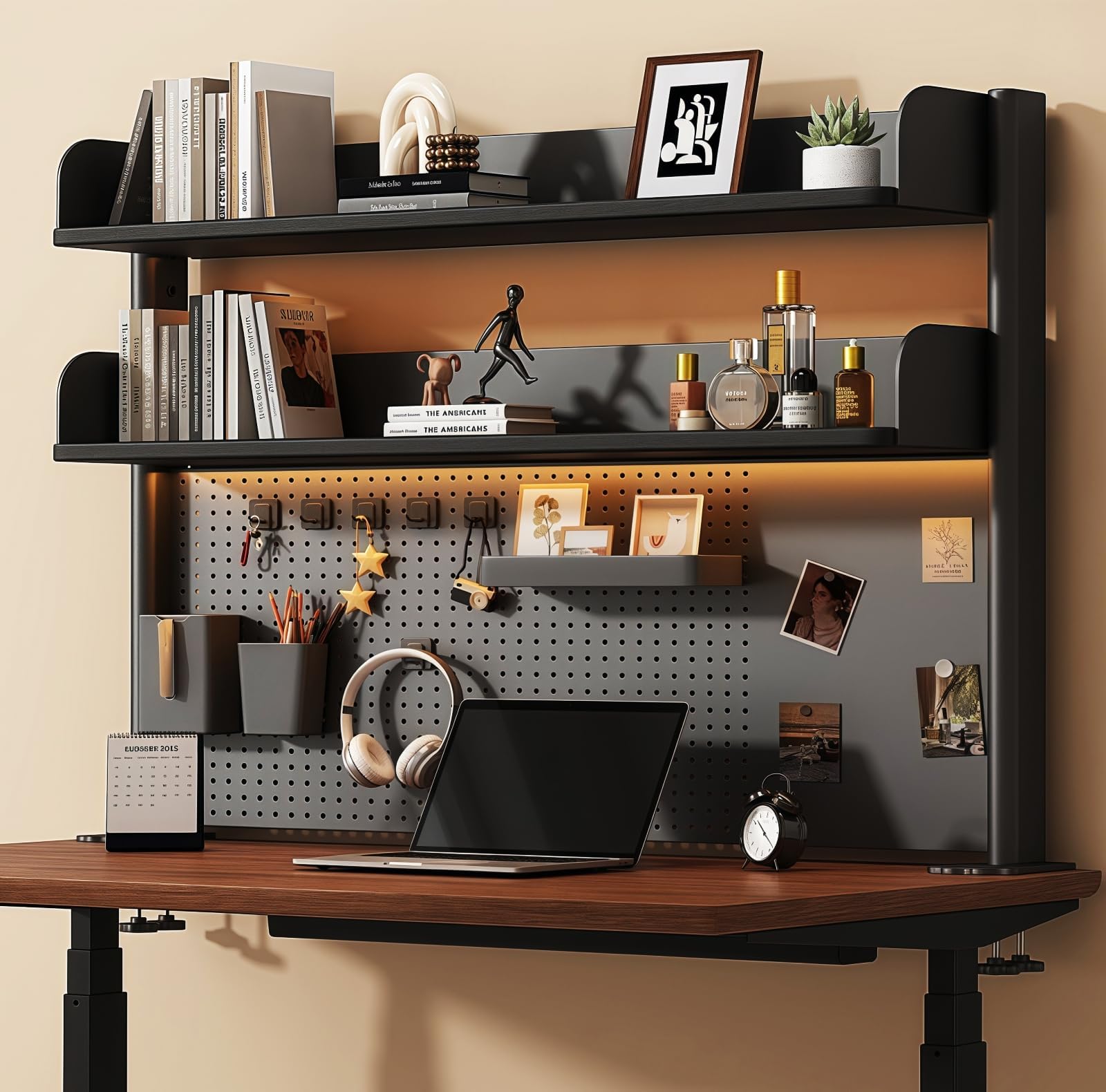 Scaffale da scrivania a 2 ripiani, 100 cm, con pannello forato | Scaffale organizer da scrivania per accessori, altezza regolabile, per casa, ufficio o dormitorio