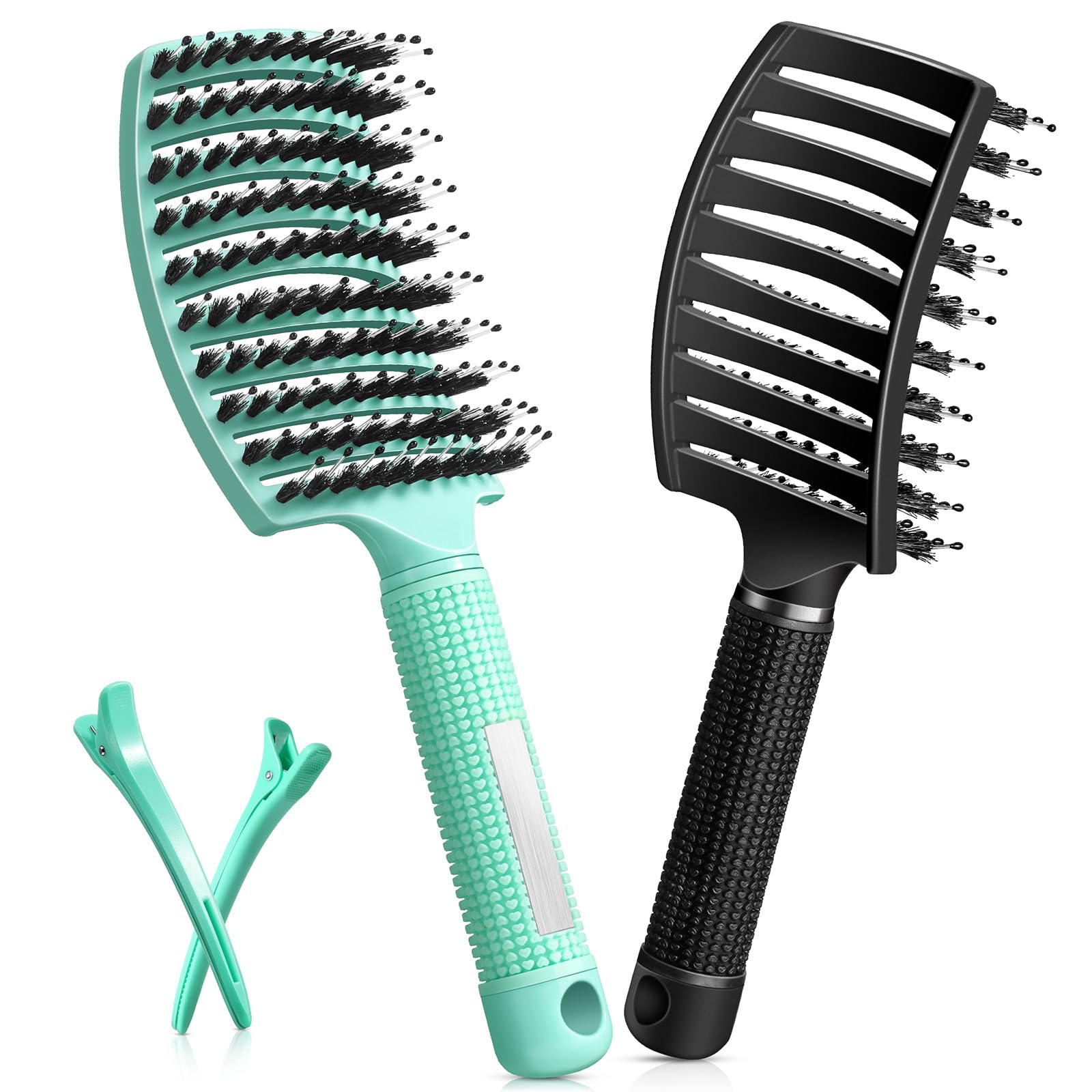 Curved Detangler Brush for Women Kid Men, 2 Pack Boar Bristle Vented Hair Brush Set with Clips for Fine Thick Hair Smoothing, Detangling, Faster Blow