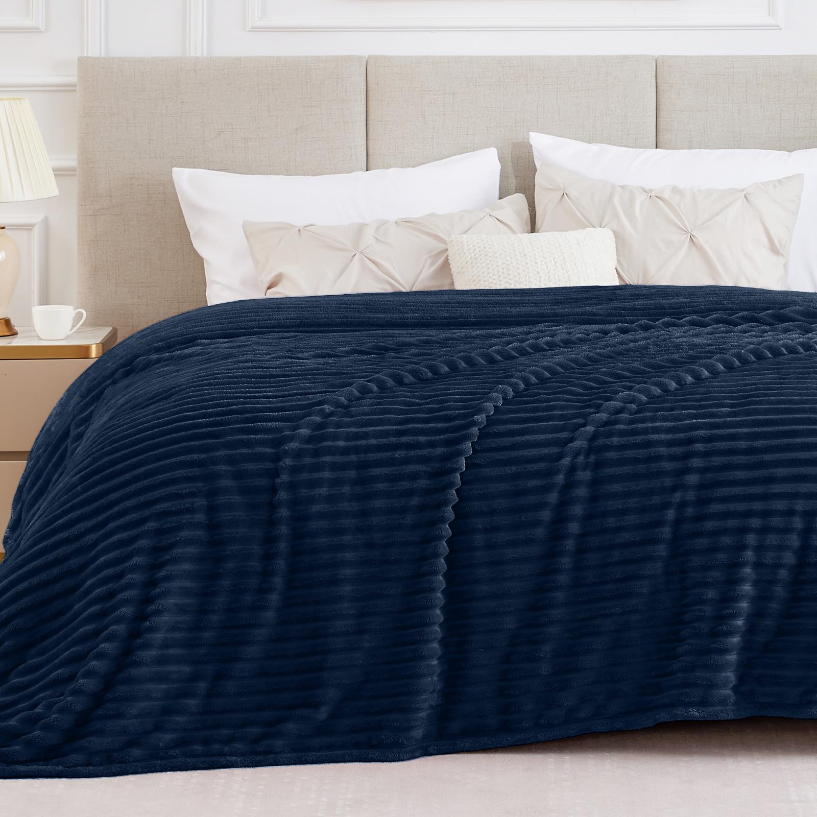 BEDELITE Full Size Blanket for Bed, 300GSM Soft & Warm Fleece Navy Blanket, Decorative and Giftable Striped Blankets for Women, Men, 84"x90"