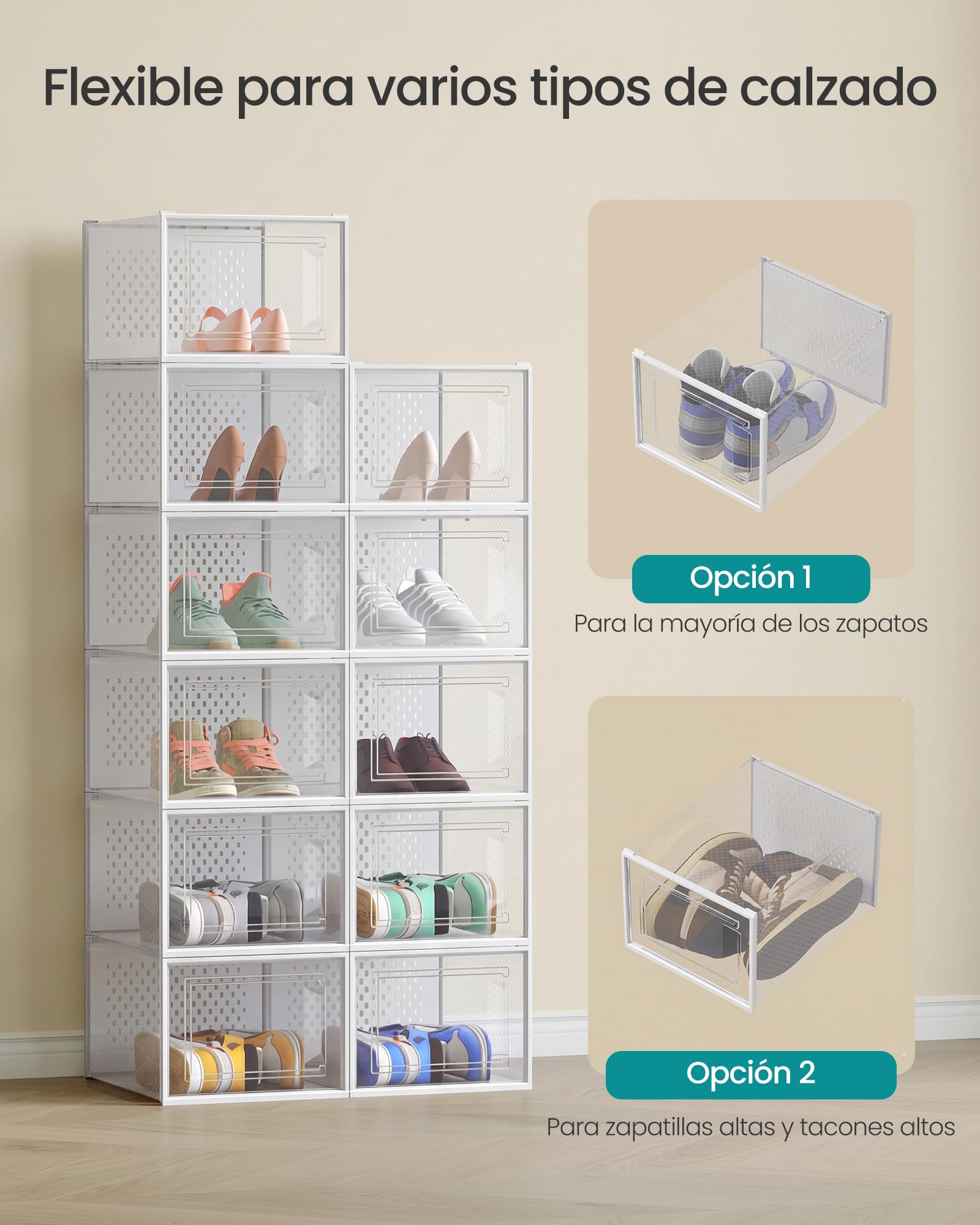 SONGMICS Cajas de Zapatos, Organizador de Zapatos de Plástico, Plegable y Apilable, para Zapatos de hasta Talla 47, Juego de 12, Transparente y Blanco Nube LSP12MWT