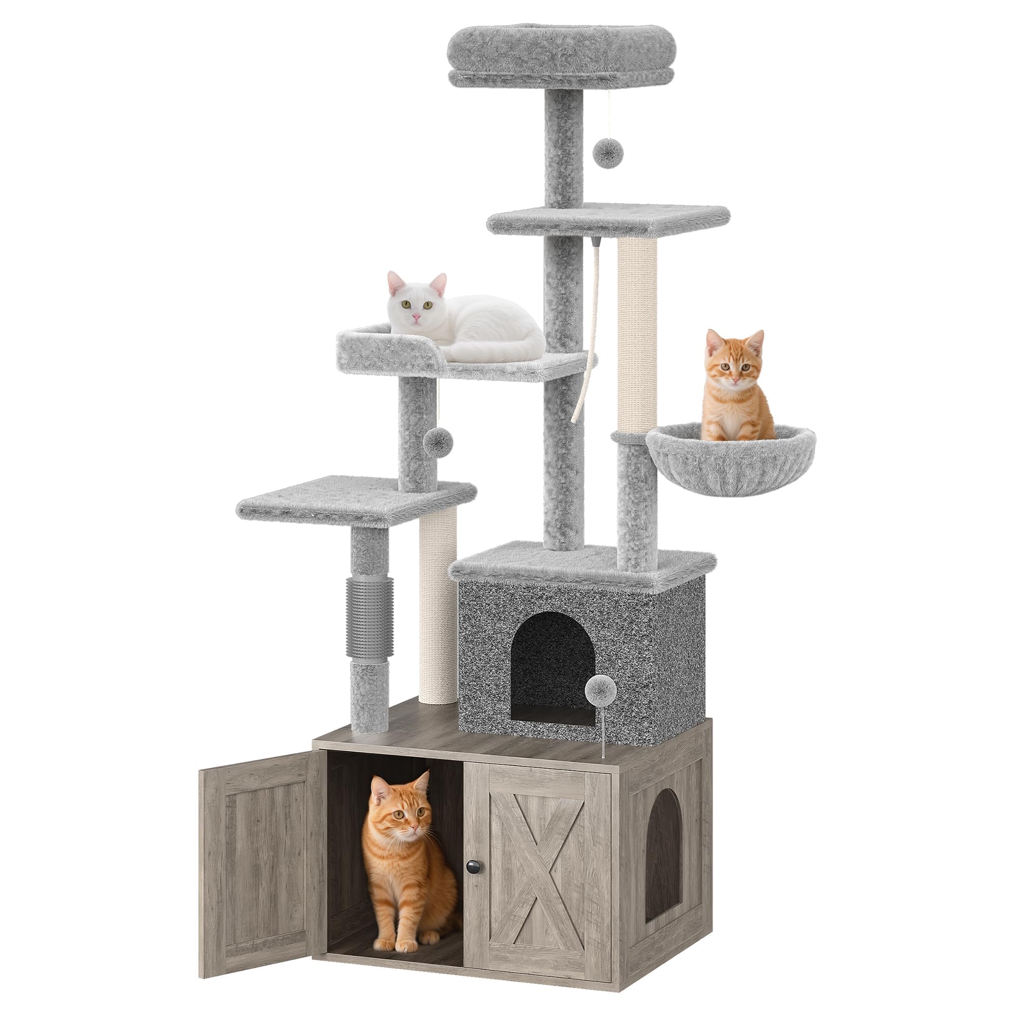 Cat Tree with Litter Box Enclosure Large, Multilevel Cat Play House with Large Condo, Spacious Hammock, Cozy Top Perch,Scratching Post and Dangling Balls, Wood Cat Furniture for Indoor Cats, Grey