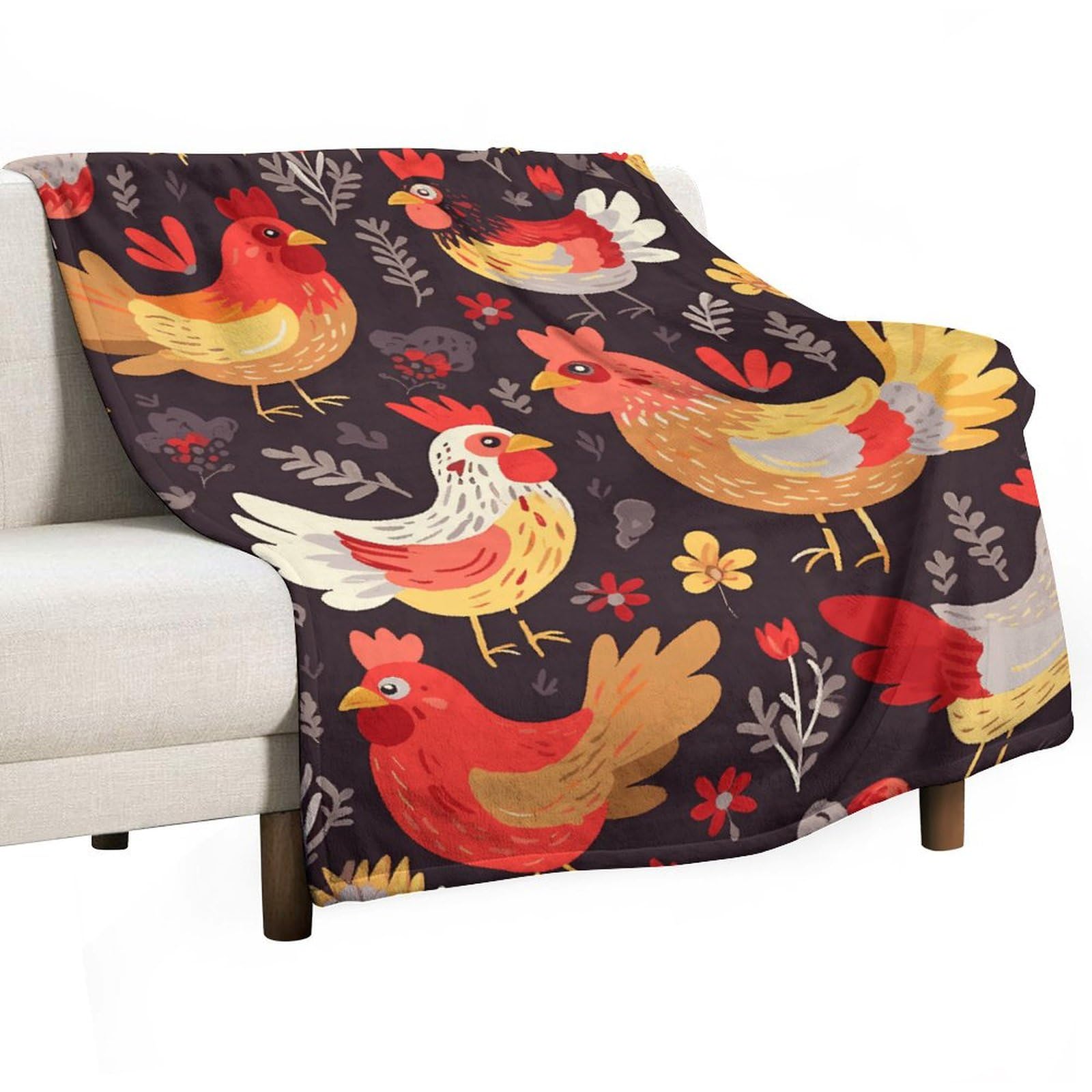 Plaid en flanelle imprimé poules coq plaid léger et ultra doux pour canapé et lit
