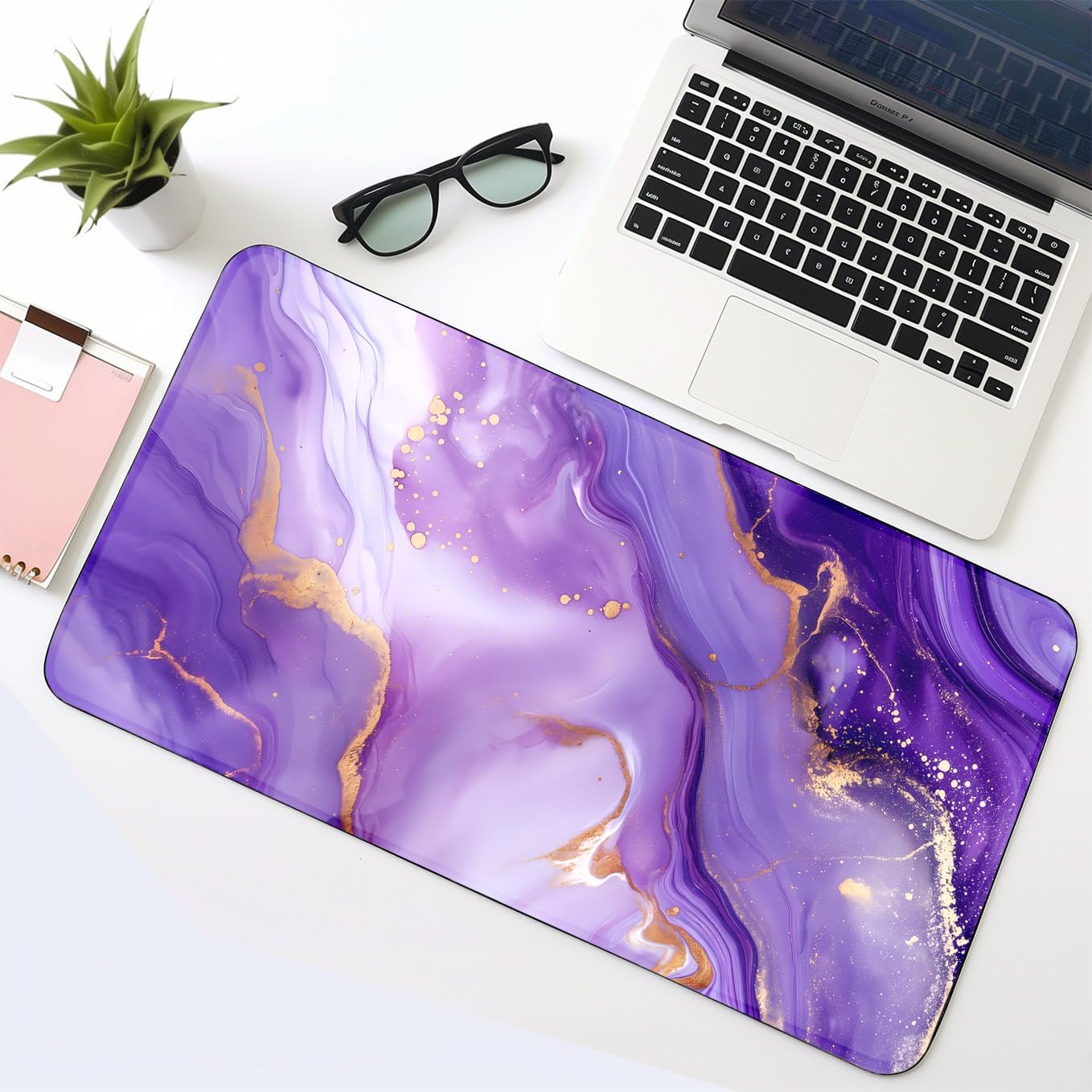SoulAbiti Purple Marble Gold Splash stitched edges Desk Mat - Abstract textured art Mouse Pad - Large gaming 23.6x11 inch Mousepad - Non-Slip, Anti Fray, Computer Laptop Office Décor