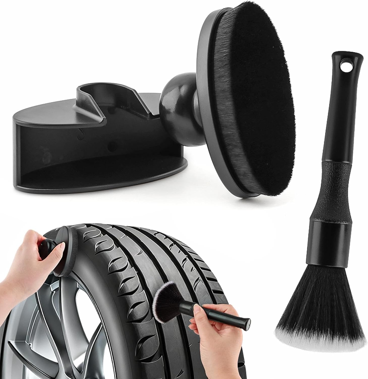Car Tire Shine Applicator with 1 Car Interior Detailing Brush, Automotive Tire Dressing Applicator Brush with Storage Stand for Tires Detailing & Cars Wash Kit