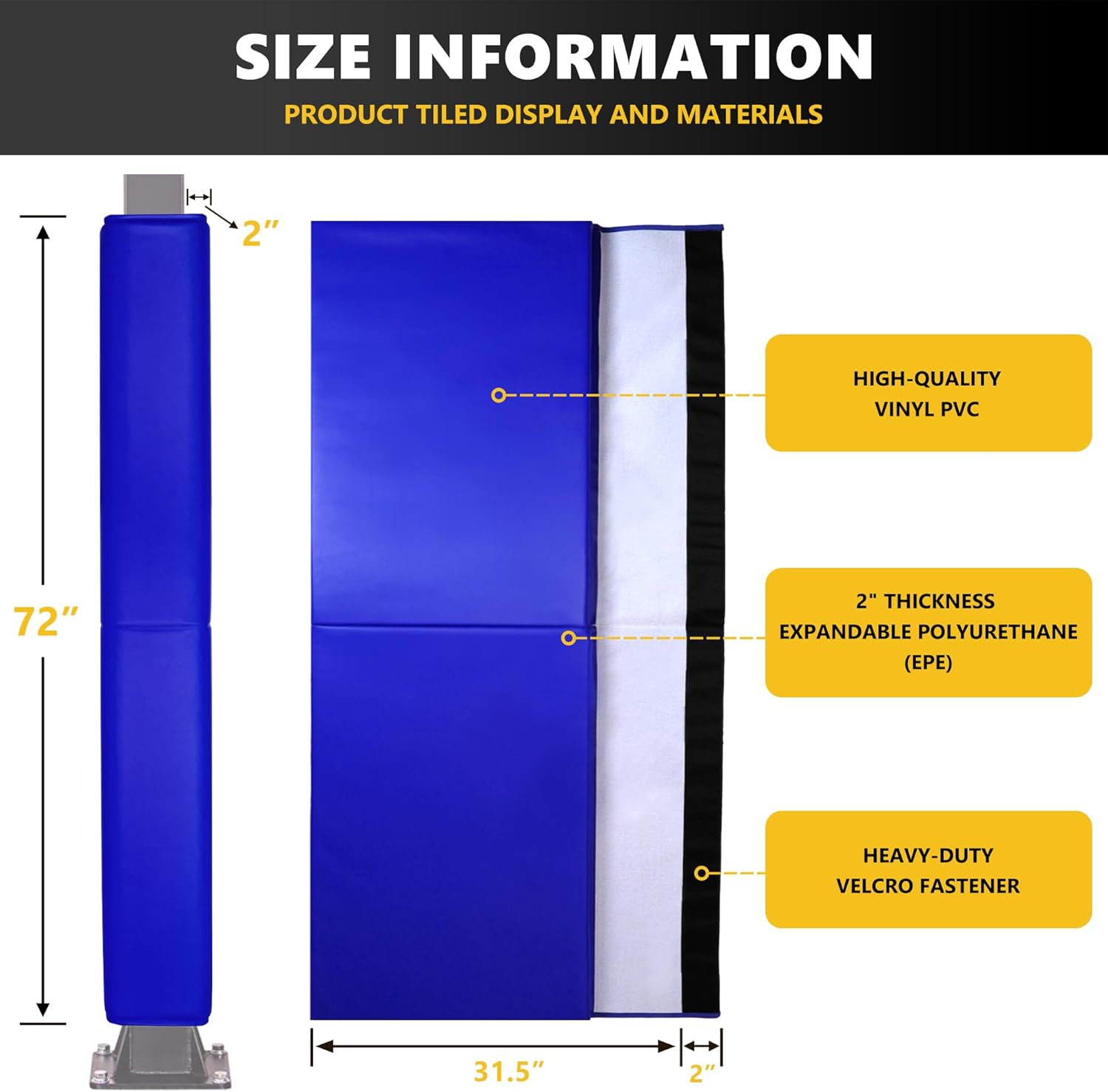 Basketball Pole Pad Square, 6 FT Tall Weatherproof Protective Padding, 2" Thick Heavy Duty Safety Pole Pads for Player Protection, Fits 4"x4", 5"x5", 6"x6" Square Basketball Hoop Pole Systems