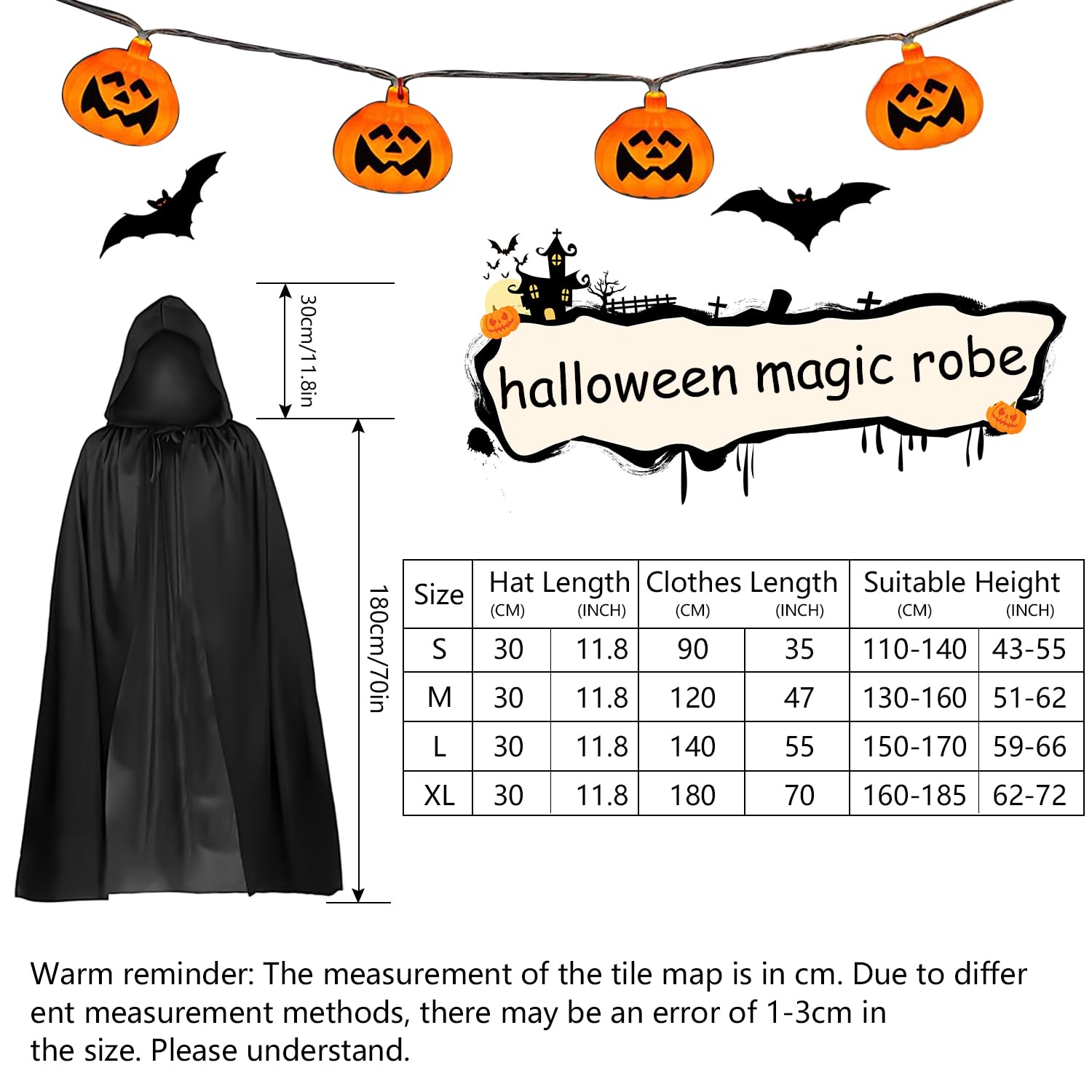 Halloween Black Hooded Cape, Adult/Kids Long Robe Cloak - Image 2