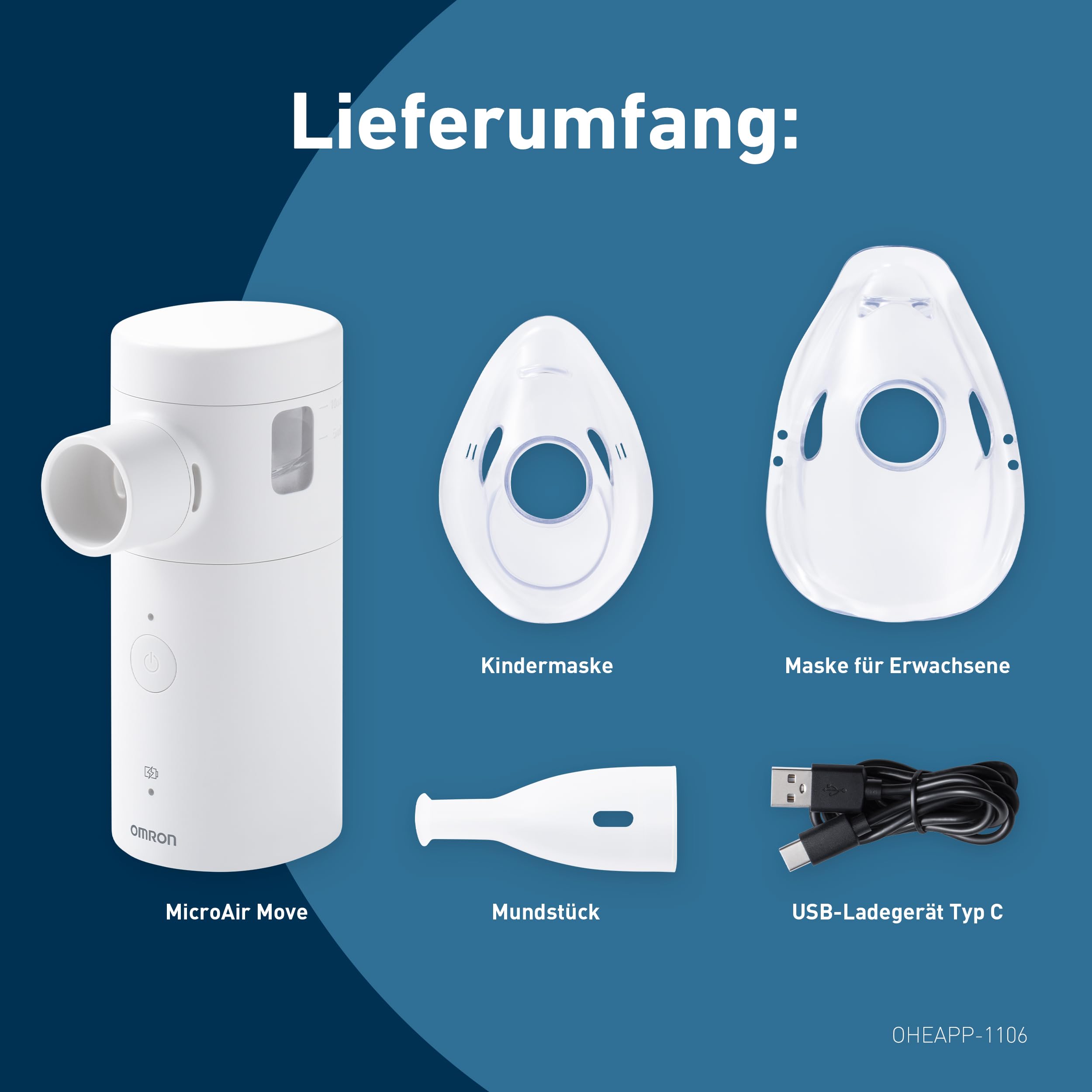 Leiser Inhalator mit 2 Maskengrößen & Mundstück, Husten & Erkältung, USB-C aufladbar | Inhalator mit 2 Maskengrößen und Mundstück, Linderung von Husten und Erkältung, wiederaufladbar per Micro-USB