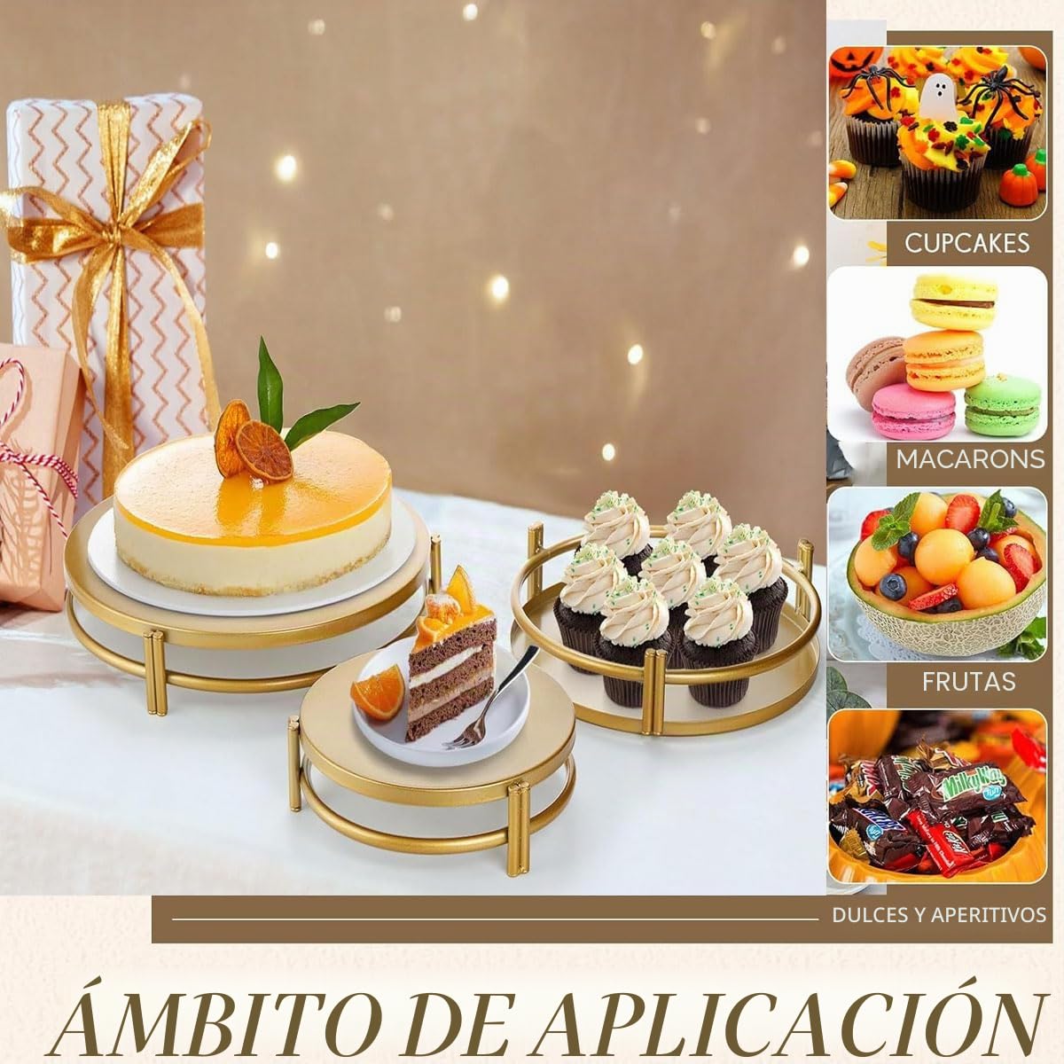 Soporte dorado para tartas, 3 soportes de metal para postres, cupcakes, para fiestas, galletas, postres, bandeja de bandeja para bodas, baby shower, fiesta de té