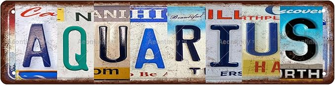 AQUARIUS Zodiac Sign Vintage Metal Tin Street Sign Bar Cafe Garage Cave Home Room Wall Bathroom Farmhouse Garden Porch Patio Decor, 16 x 4 Inch