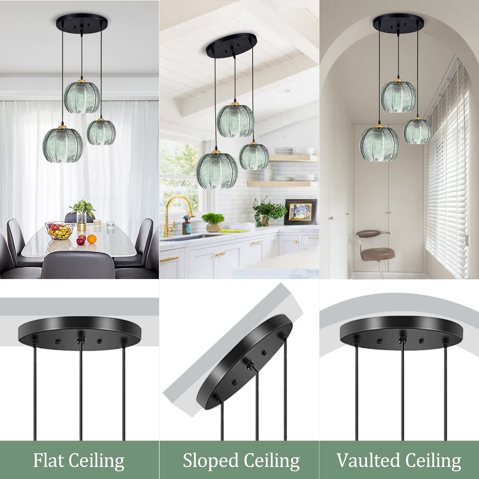 Zielona szklana lampa wisząca, 3 światła żyrandole artystyczne Nowoczesne oświetlenie Vintage zielone szklane wiszące żyrandole do kuchni wyspa sypialnia