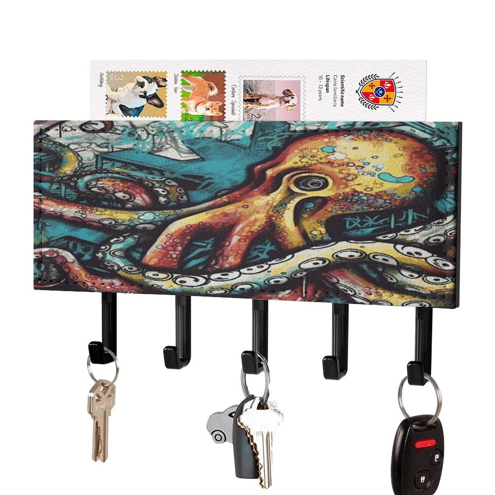 Fekiloot Black-Style Color Graffiti Octopus Key Holder Wall Mount Key And Mail Holder Key Hanger With 5 Hooks Decorative Pu Key Rack Hanging Key Hooks For Wall Living Room Kitchen Bathroom Hallway