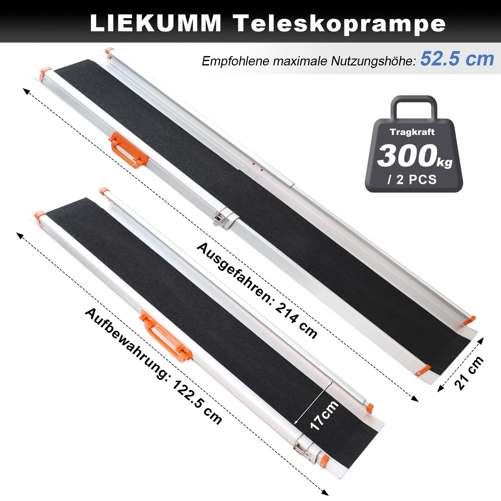 LIEKUMM Antypoślizgowa rampa ułatwiająca załadunek, 210 cm x 21 cm, regulowana, przenośna, aluminiowa rampa teleskopowa na schody i przeszkody, składana szyna ładująca (MR207N-7), 2 sztuki