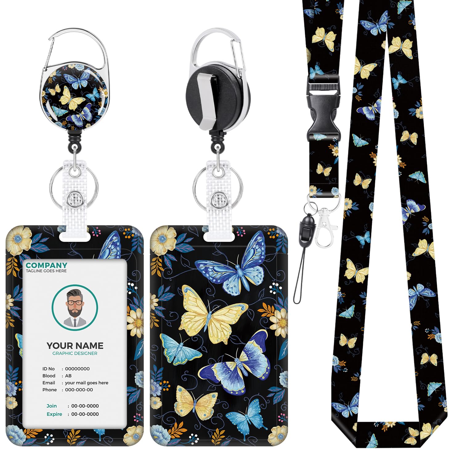 VOCHIC ID Badge Holder with Lanyard and Retractable Badge Reel Clip, Aesthetic Butterflies Pattern Card Name Tag Lanyard Vertical ID Protector Bage