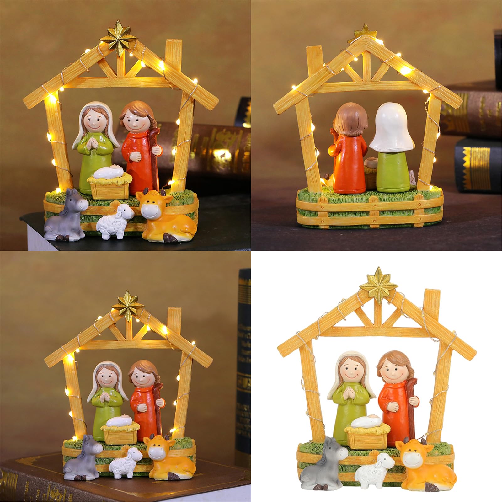 LED Light Christmas Table Decors Nativity Scene Figures Resins Religious Ornament Holiday Display For Room And Office