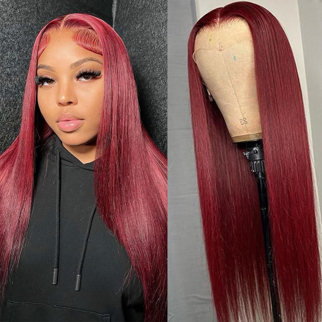 Wine Red Synthetic Lace Front Wigs 13x4 Lace Free Part Long Silky Straight Hair Wigs for Women Burgundy Reddish Brown Color Long Wig Heat Resistant Fiber Hair Glueless Wig 26 Inch