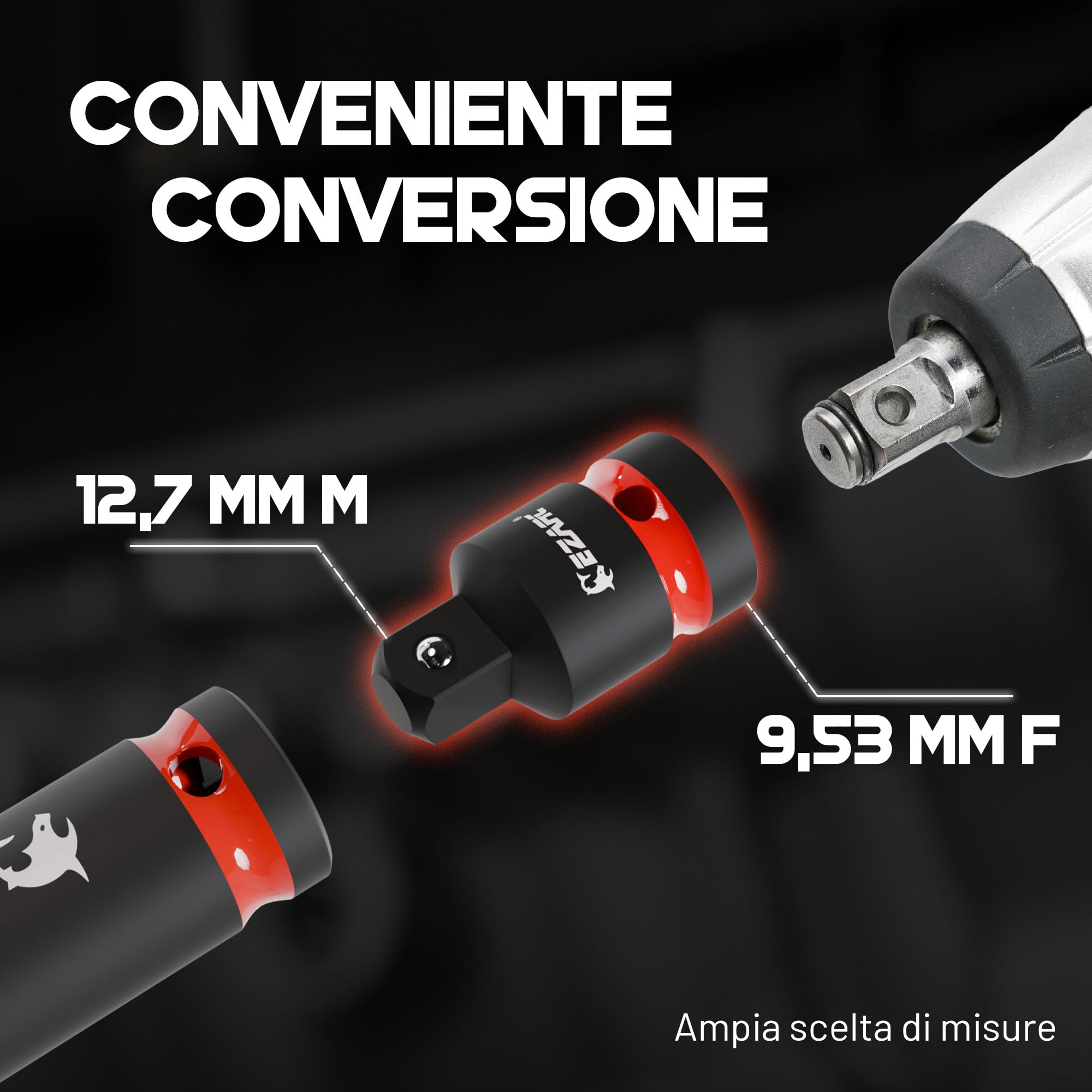 EZARC Set di 21 adattatori per bussole a percussione, include set di bussole girevoli universali CR-MO, accoppiatori a percussione CR-MO, riduttori CR-V, punte di estensione esagonali CR-V, chiavi a