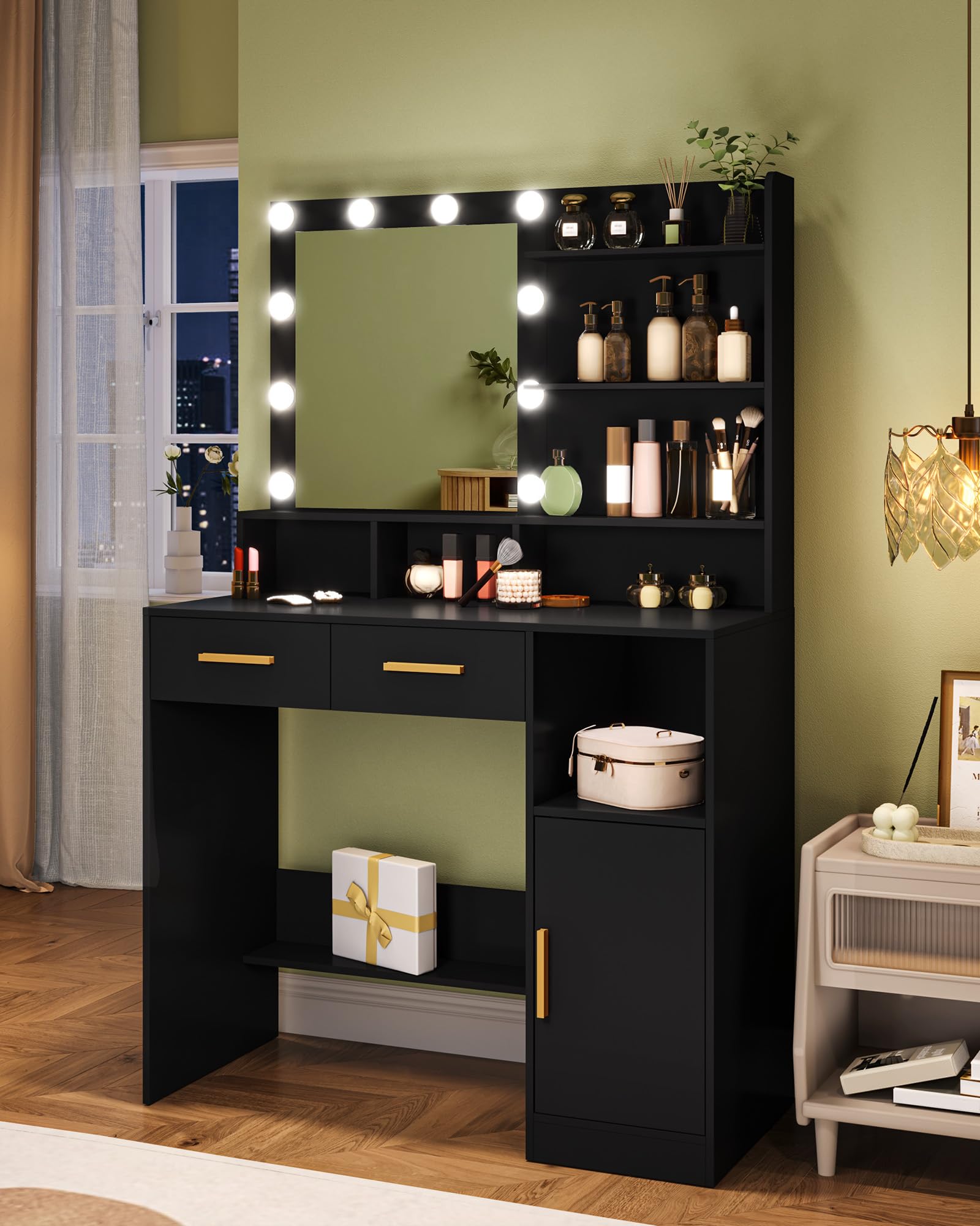 Hzuaneri Tocador, con Espejo y 10 LED Luz Regulable, Mesa de Maquillaje con 2 Cajón y 1 Armario, 3 Estantes y 4 Compartimentos Abiertos, Negro DT32506X