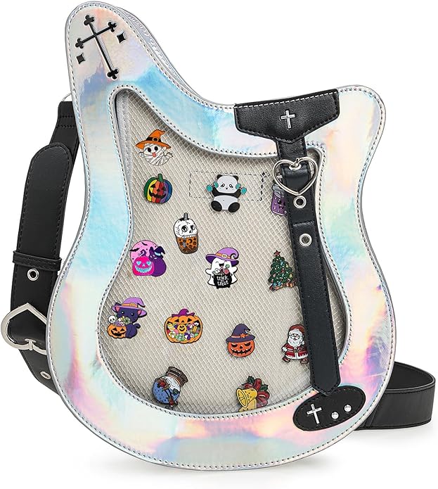 Rock Metal Guitar Ita Bag Crossbody Shoulder Bags Kawaii Cute Clear Window Pin Insert with a Removeable Strap