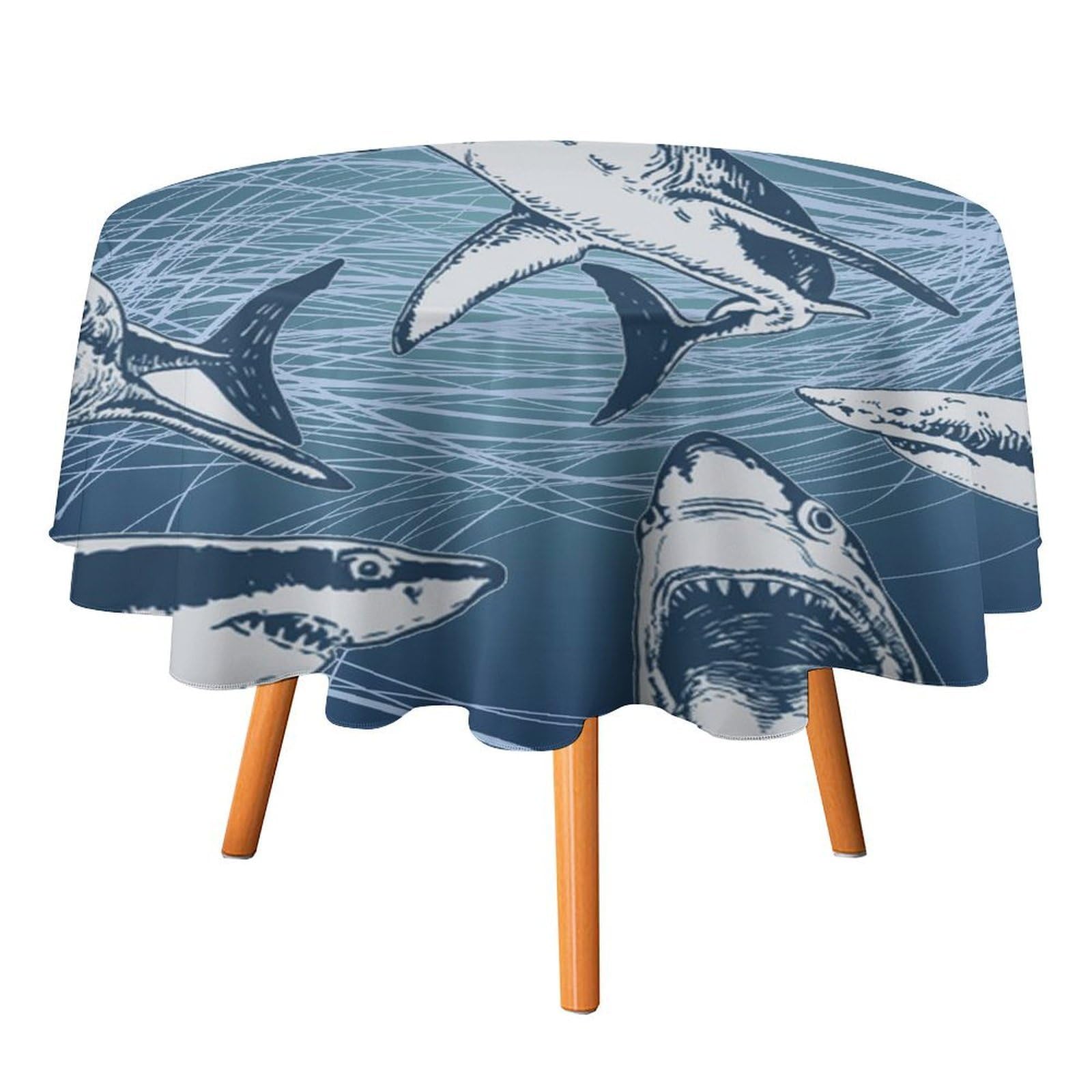 SMAZDFXX Abstract Sea Shark Tablecloth for Round Tables,Watercolor Blue Cartoon Ocean Shark Underwater Polyester Tablecloths Decor for Kitchen Decoration 70"