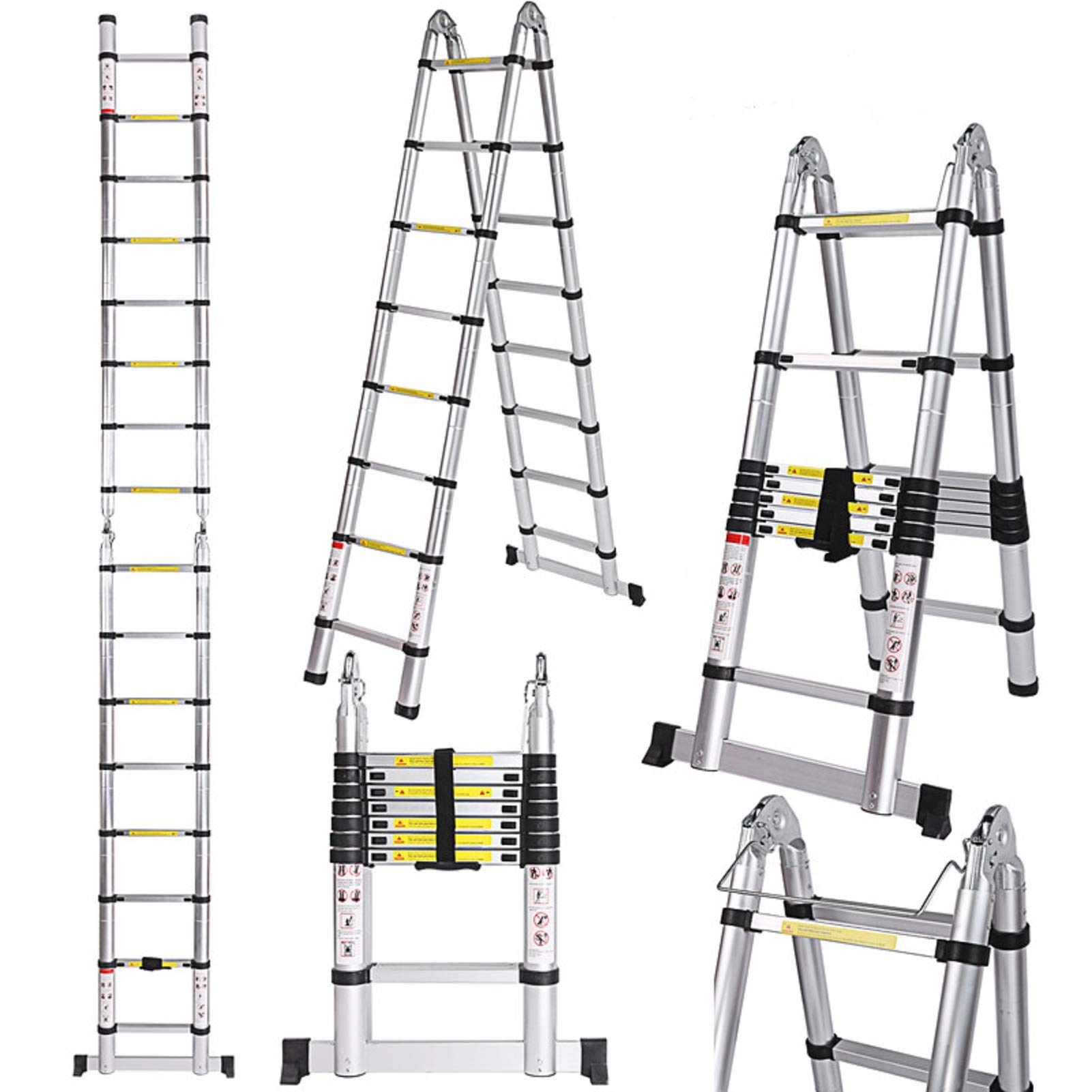 COOCHEER- 5M Escalera Plegable,Escalera Telescópica de Aluminio,Escalera Extensible (5 m, Aluminio, 16 escalones, Carga máxima 150 kg)