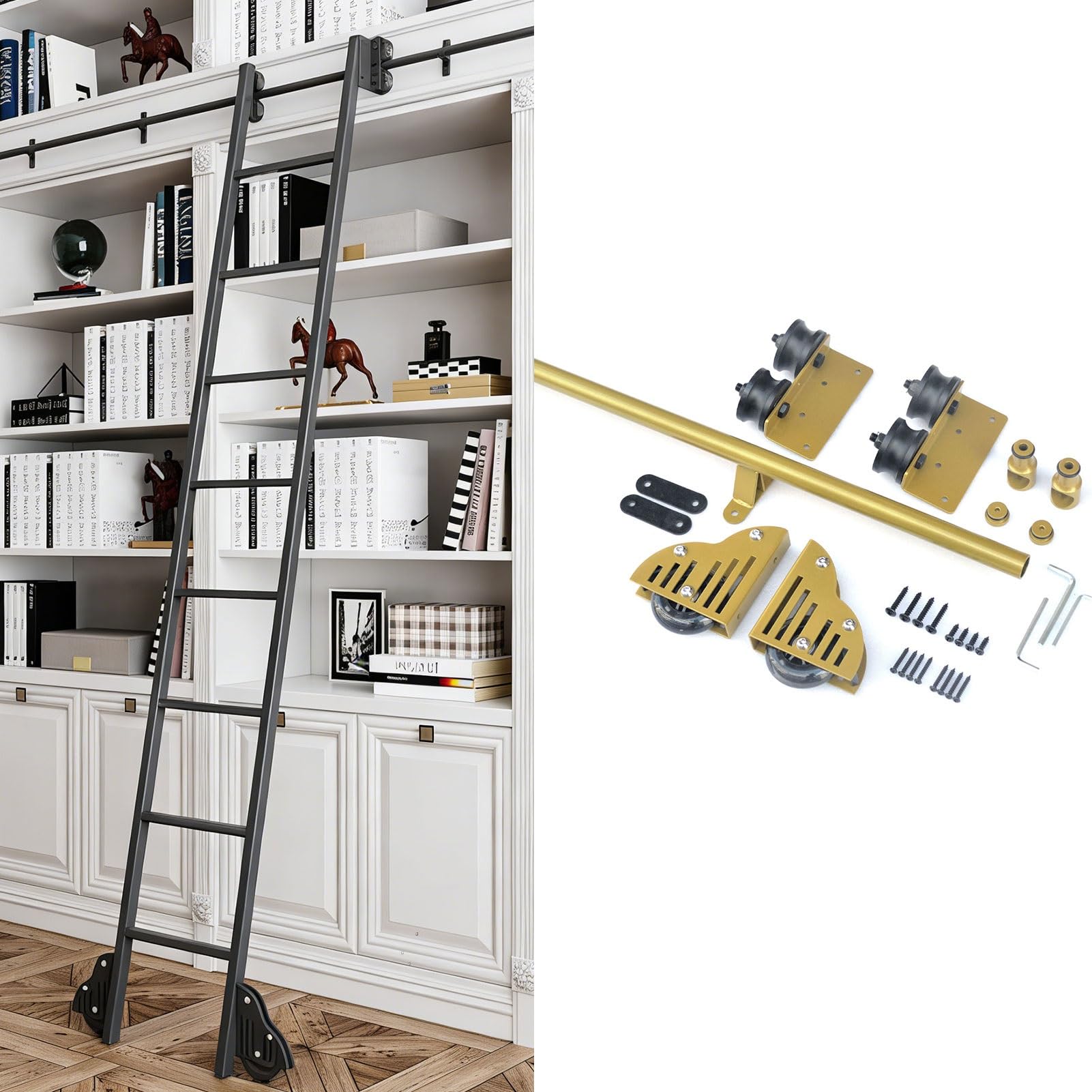 MRVAKDYDI Retractable Rolling Library Ladder Rails Kit, Carbon Steel Sliding Library Ladder Hardware Kit 300lb 3.3-24ft with Brake Wheels(19.7ft/600cm Track kit)