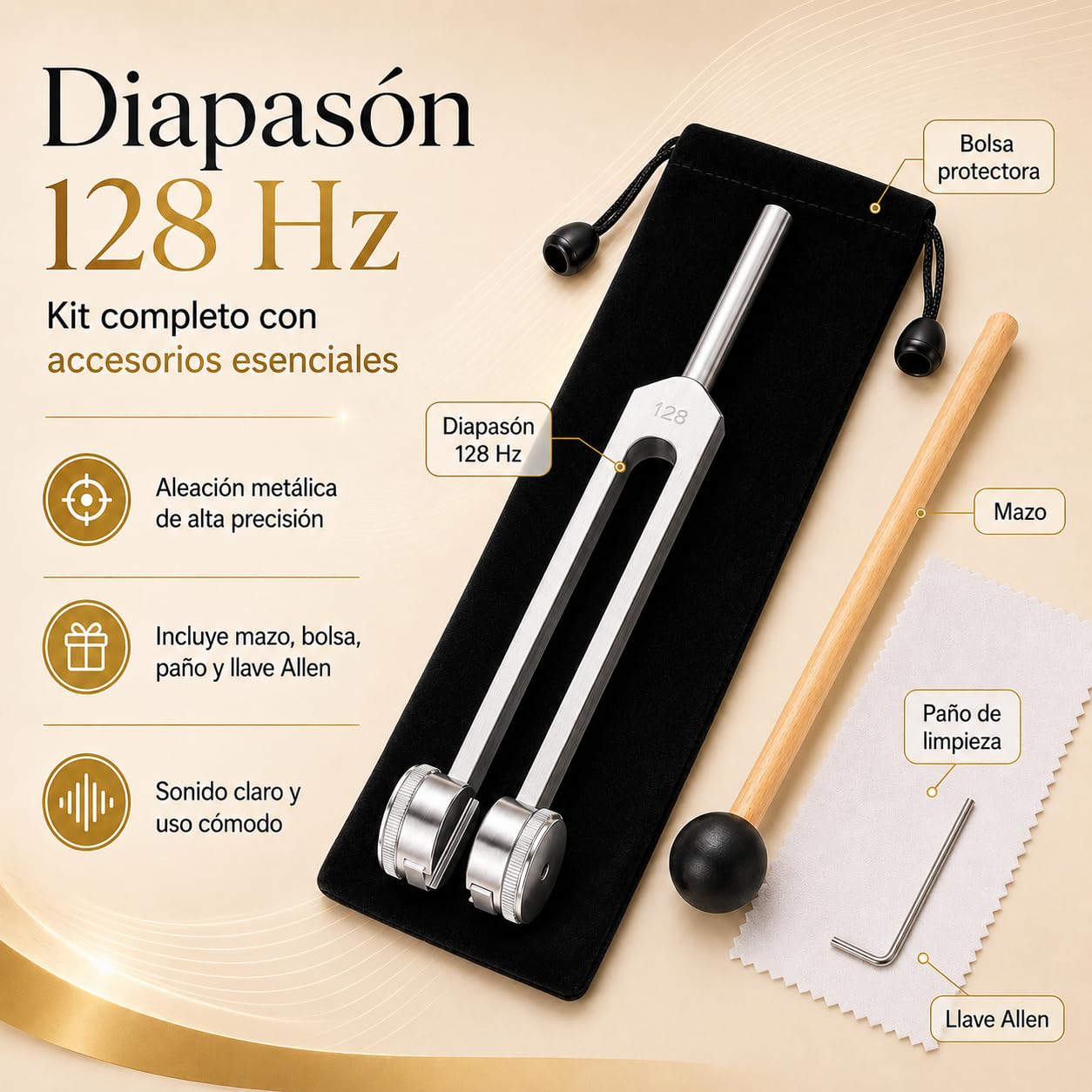 Aureva Lumyra - Instrumento de Sanación 128 Hz, Diapasón Terapéutico con Martillo de Goma, Herramienta de Ajuste, Bolsa y Paño, para Meditación, Yoga y Terapia de Sonido