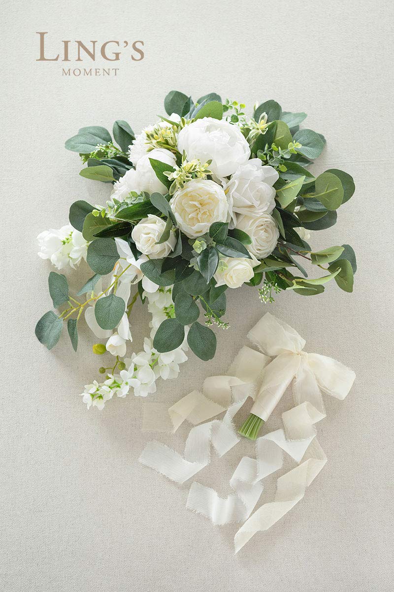 Buy Ling's moment 11 Inch White Artificial Bridal Bouquet,Cascading