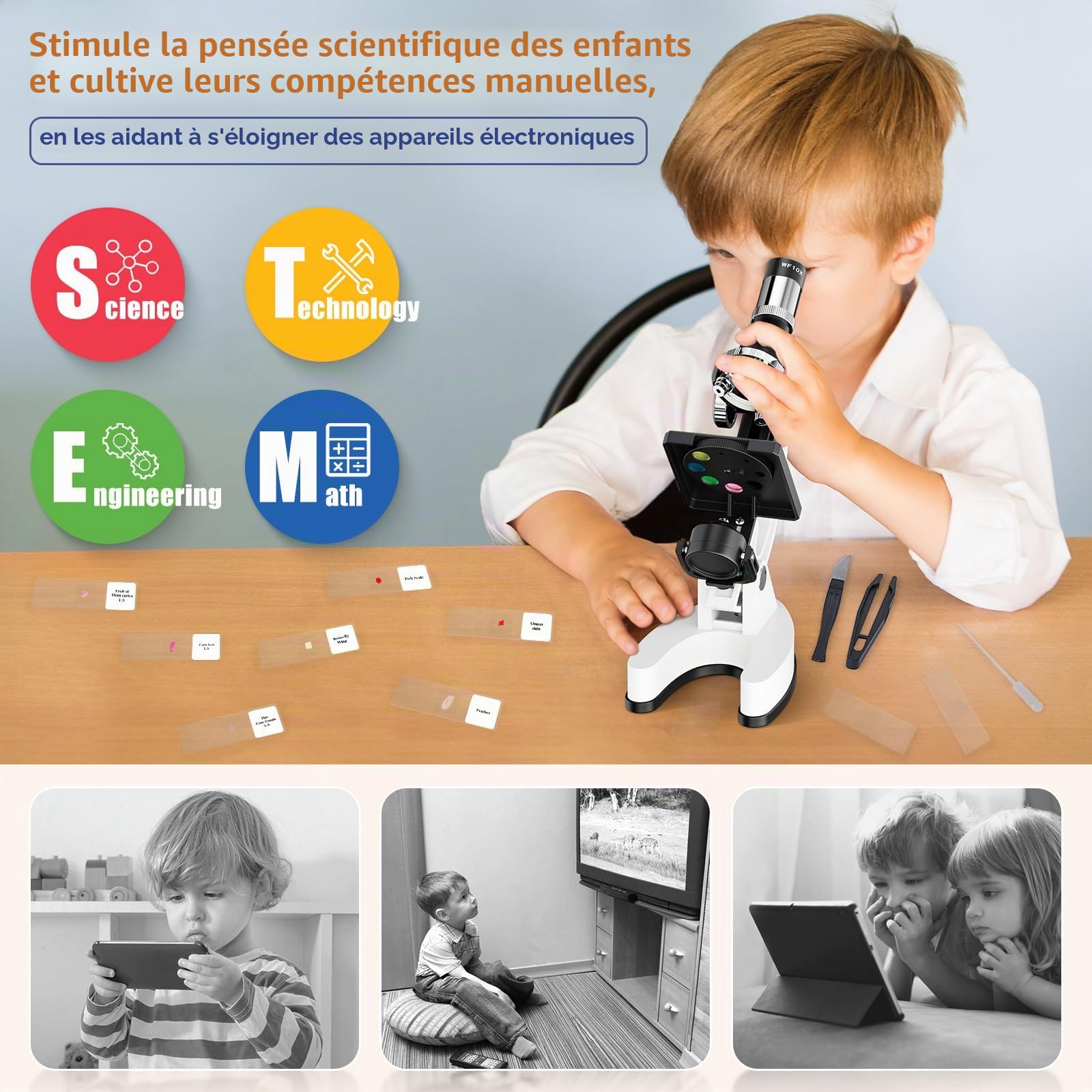 Microscope Enfant Kit Scientifique 100X-1200X: Microscope Adolescent Découverte Biologique STEM - Set de Science avec Lame, Boîte de Transport - Cadeau Éducatif 5-12 Ans