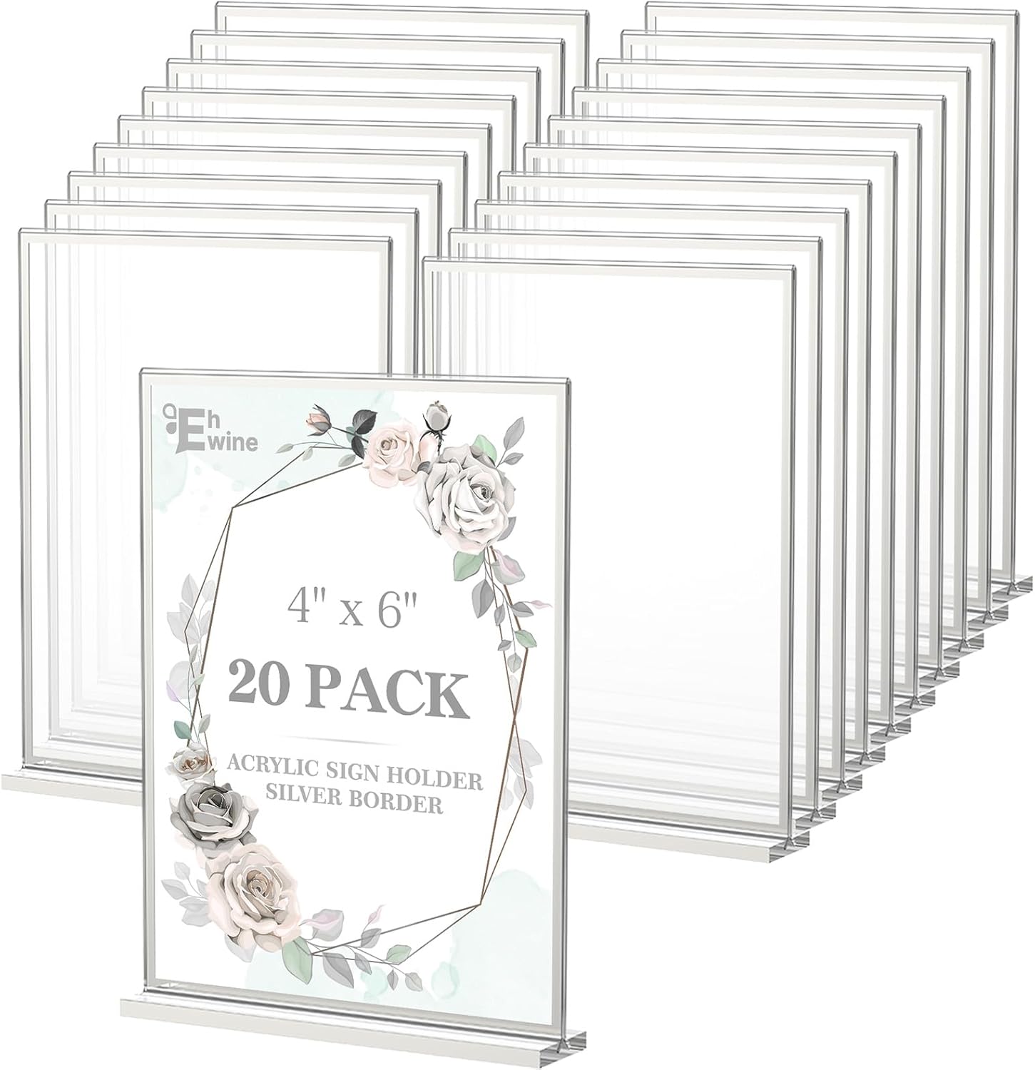 EHWINE Acrylic Sign Holder 4 x 6, 20 Pack Double-Sided Stand up Table Top Sign Holders, Silver Acrylic Picture Frame Menu Flyer Paper Holder Display Stand for Office Business Store Wedding Party