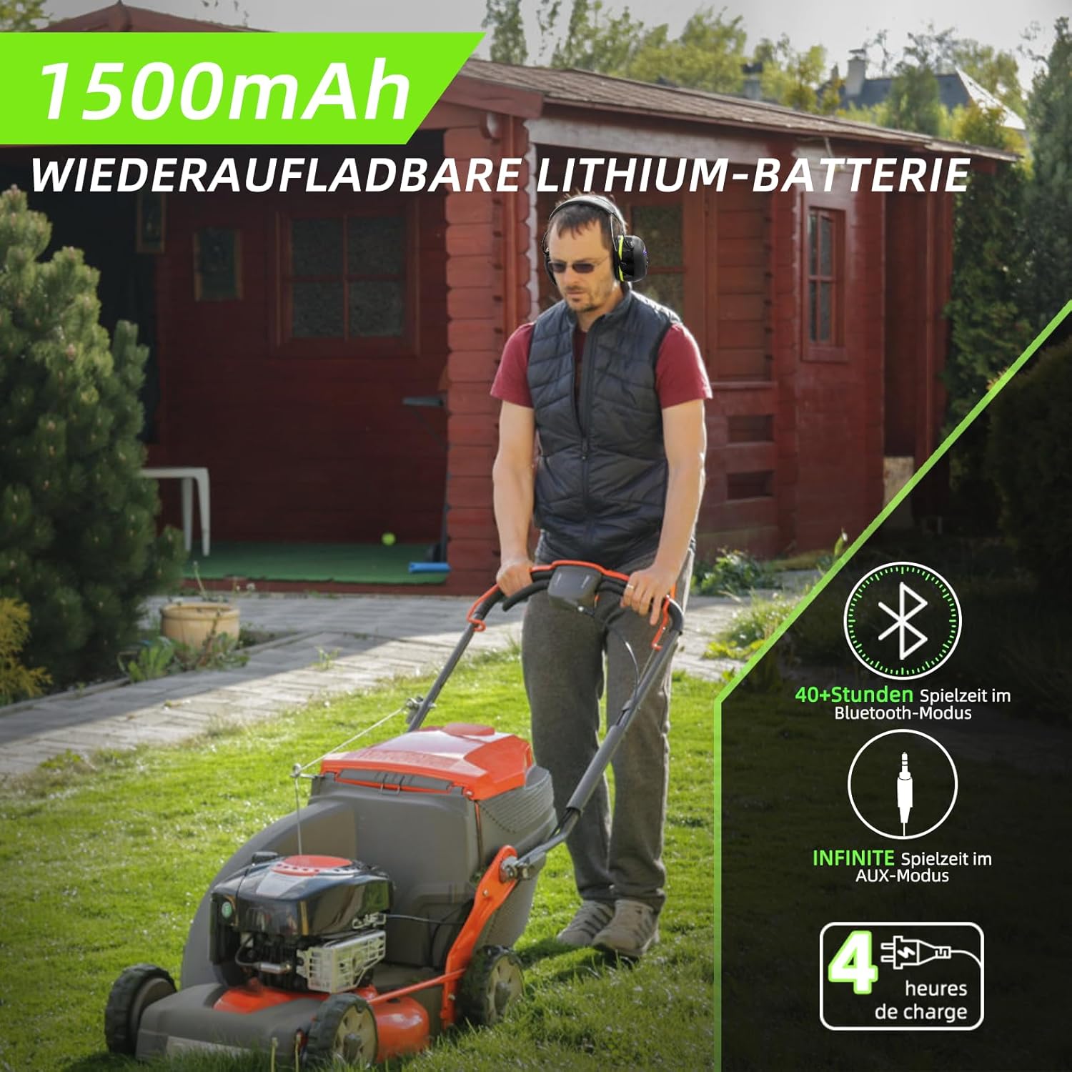Image showing a person mowing a lawn while wearing HOCAZOR HZ07 earmuffs, with battery and playtime details