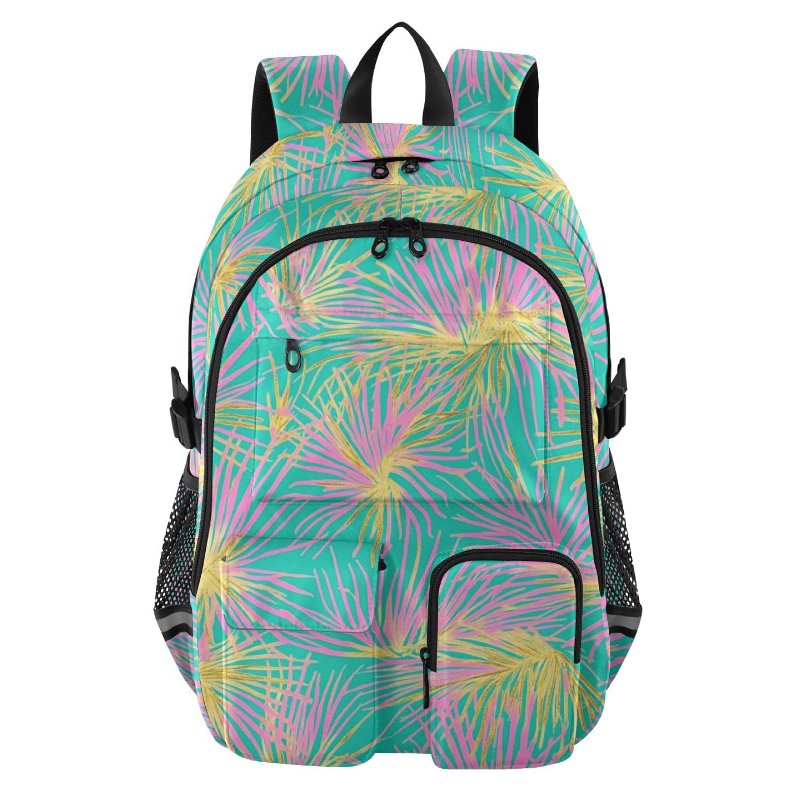 Mochila de viaje para laptop con diseño de hojas rosas y compartimento para universidad y trabajo 8