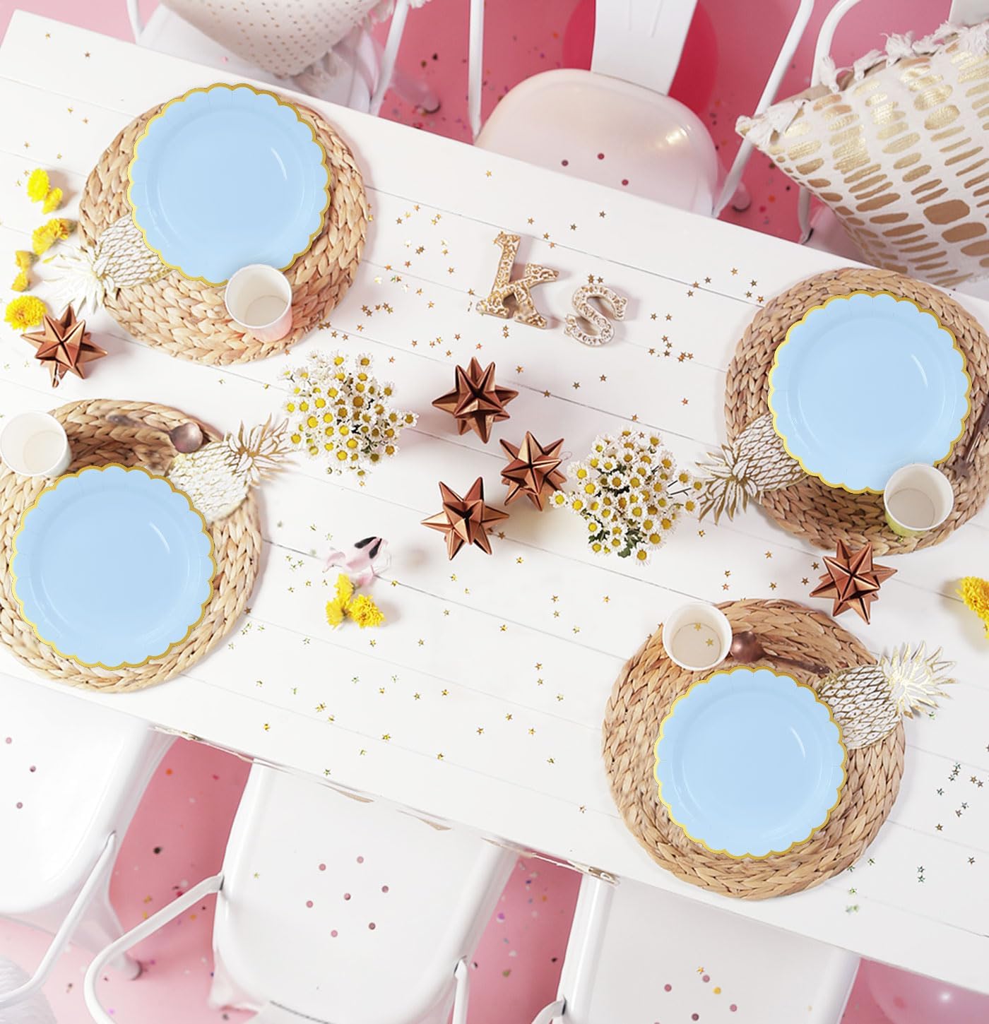HEIPINIUYE 50 Pieces Light Blue Paper Plates with Gold Foil 7 Inch Disposable Baby Blue Scalloped Dinner Plates for Wedding Baby Shower Birthday Party Dessert Plate - Image 4