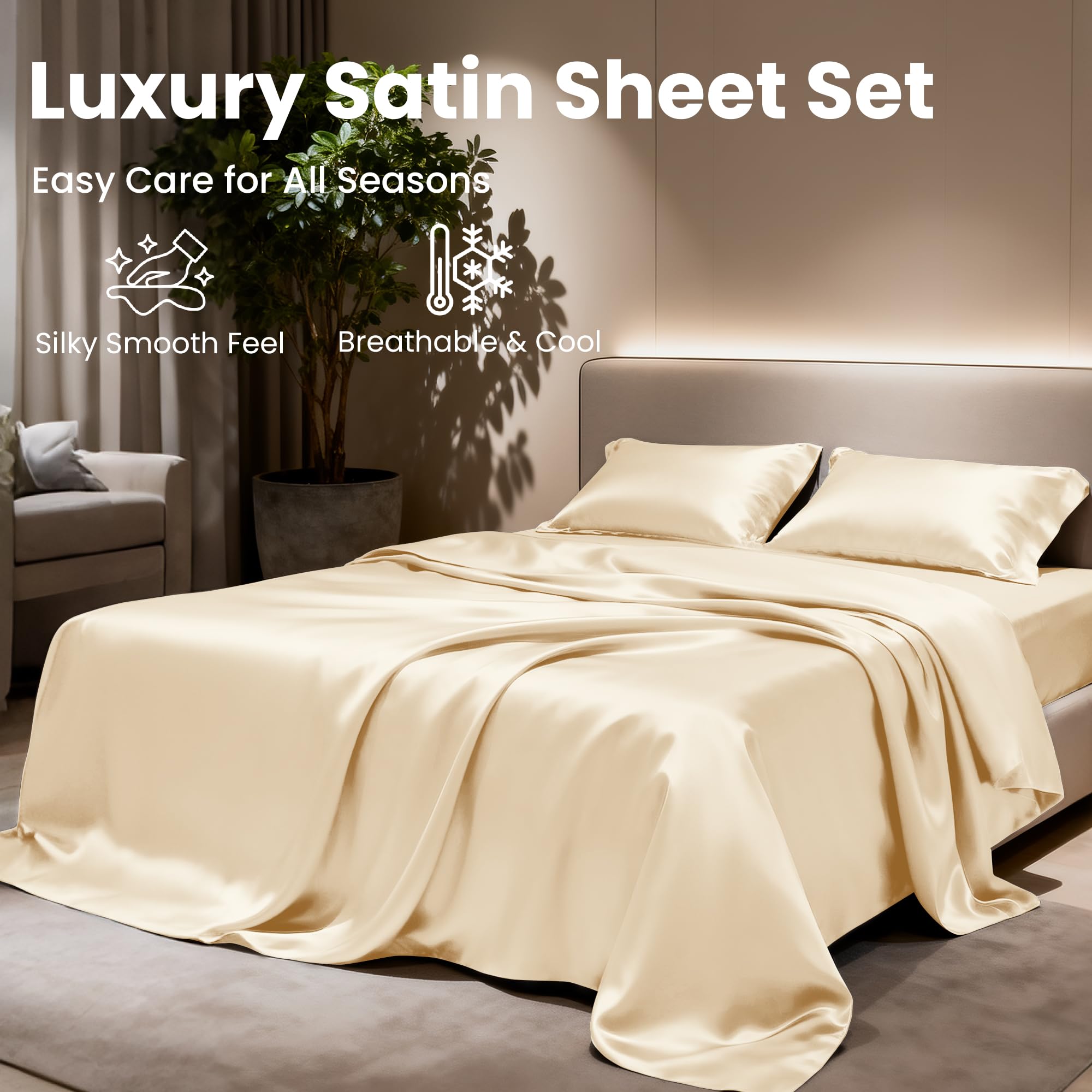 Love's cabin Satin Queen Sheets Set - 4 Piece Pink Silky Bed Sheets Set with Deep Pocket, Luxury Silk Feel Satin Queen Size Sheet Set (1 Flat Sheet, 1 Fitted Sheet, 2 Pillow Cases): Twin Beige.