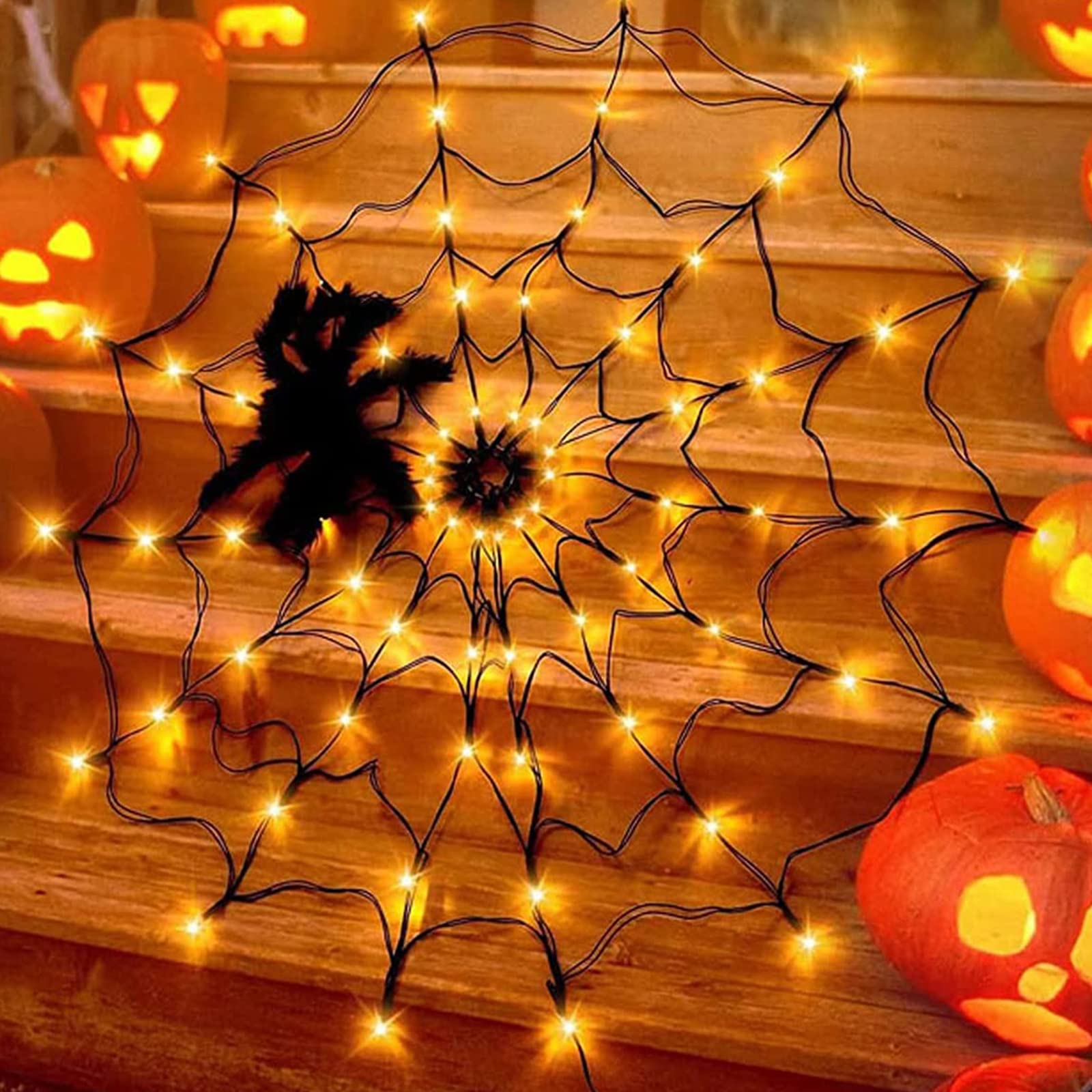 VUCATIN Halloween Pumpkin Lanterns Decorations, Outdoor Halloween Hanging Lighting Decor, Colorful Halloween String Lights Battery Operated for Tree Outside Indoor Yard Garden Party (Warmspider)