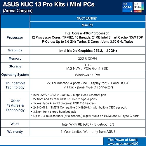 Miniatura 7 de Intel NUC 13 Pro, para ASUS NUC 13 Pro NUC13ANHi7 Arena Canyon Mini PC, Core i7-1360P, 32 GB de RAM, 1 TB SSD, Mini computadora Win 11 Pro para