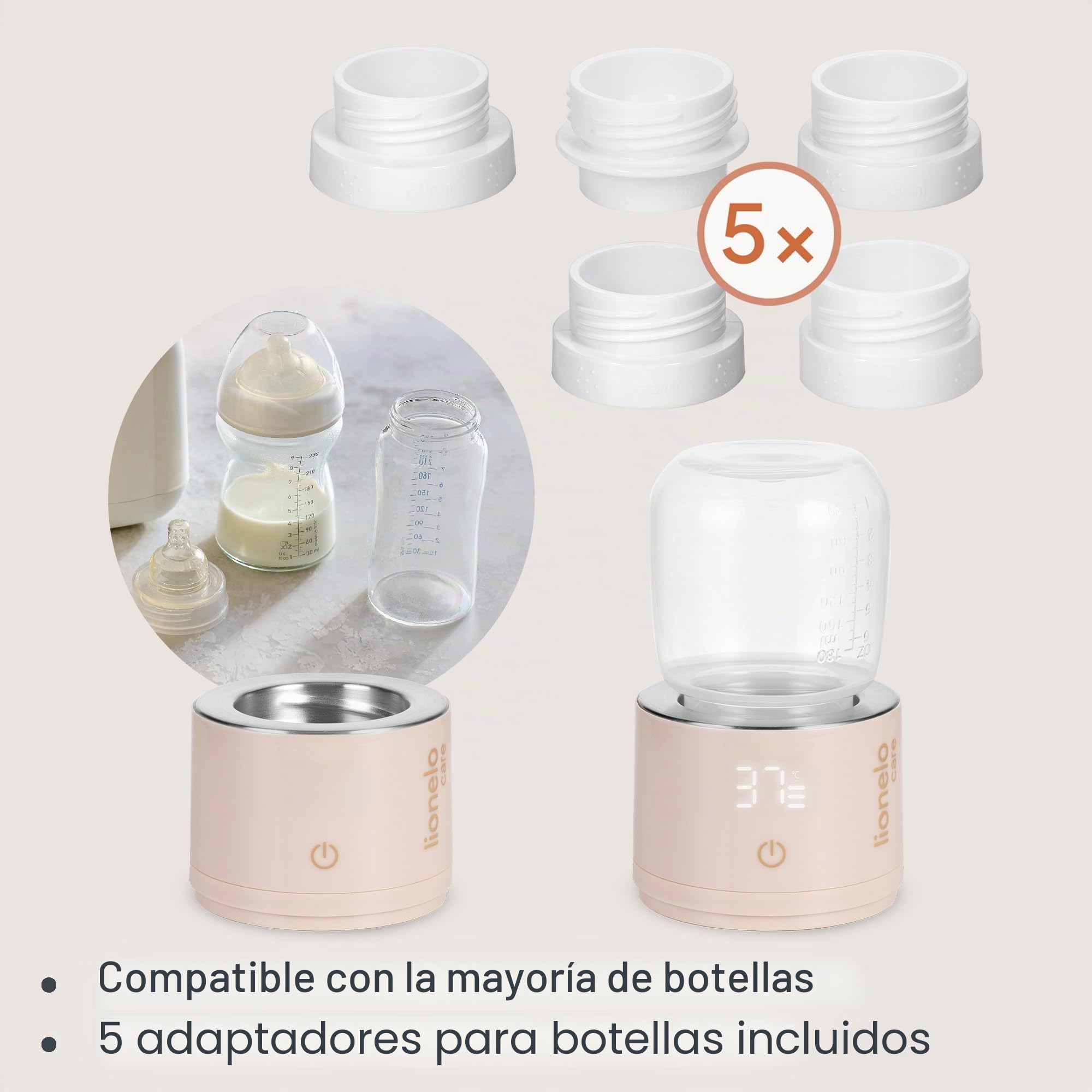 Lionelo Thermup Swift Calentador de Biberones Portátil Inalámbrico, Batería Recargable 5000 mAh USB-C, Calienta Leche Infantil 37-50 °C, Mantiene 6 h, 5 Adaptadores, Sensor sin Líquido