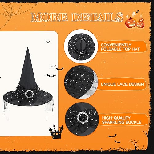 Miniatura 4 de American Trends Sombrero de bruja de Halloween para mujer, accesorio de disfraz de Halloween de encaje para fiesta