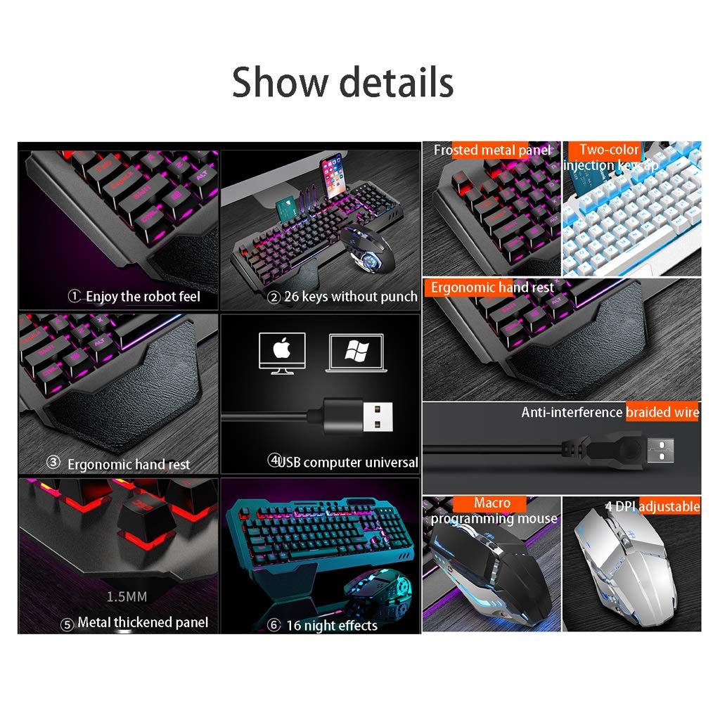 ARCH Tastiera E Mouse LED Wired, Tastiera del Computer Ergonomica, Tastiera Meccanica E Mouse, Tastiera USB, Wireless E Mouse con La Quarta Marcia DPI for Il Gioco O Ufficio (Color : Black B)