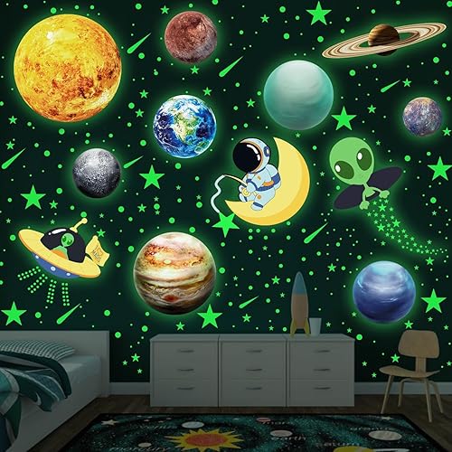 Miniatura 6 de MORCART Calcomanías de pared que brillan en la oscuridad, estrellas y sistema solar, 457 unidades, incluyendo sol y 12 planetas, astronautas y